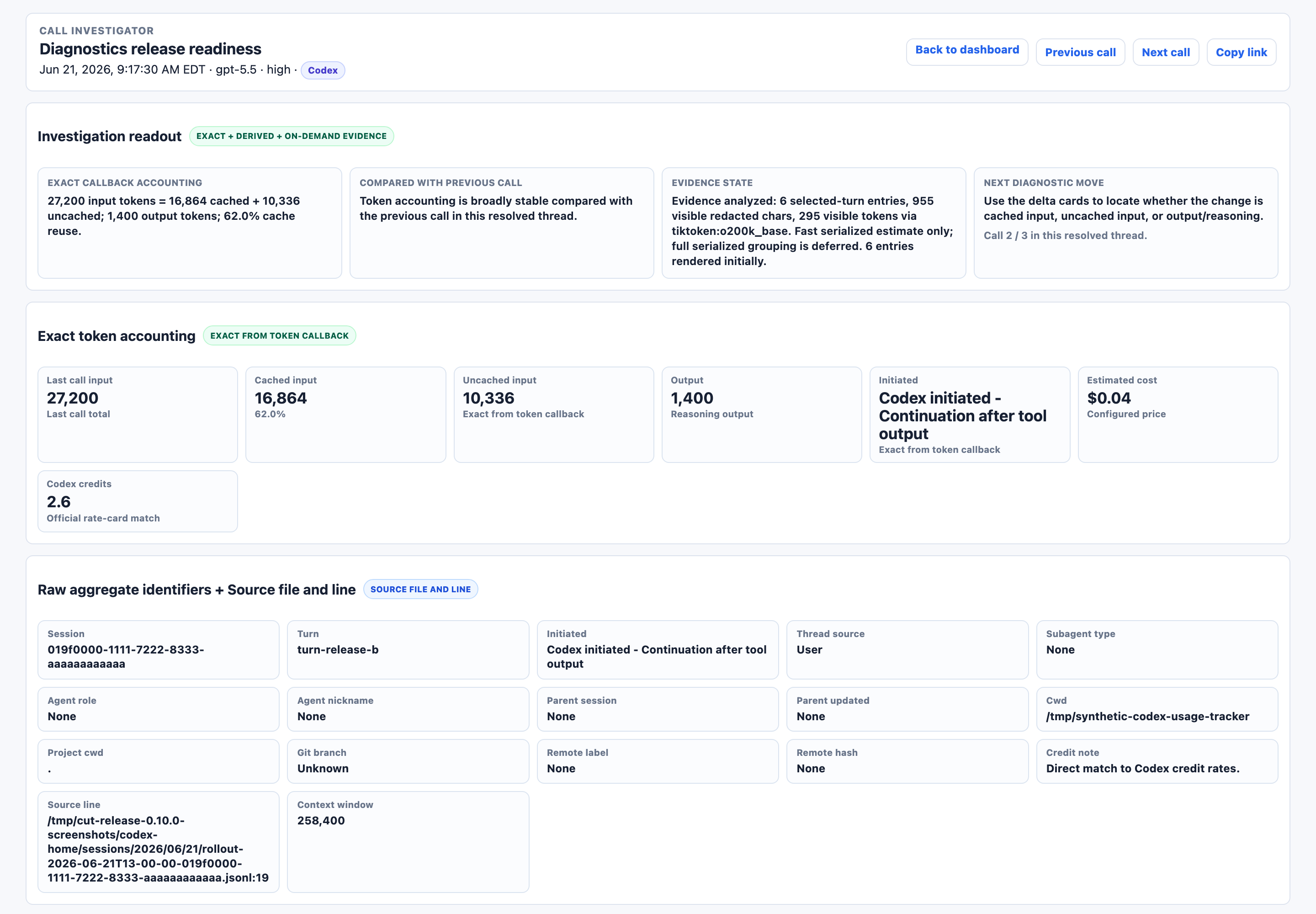 Call investigator showing token accounting, cache diagnostics, serialized evidence groups, and raw evidence controls.