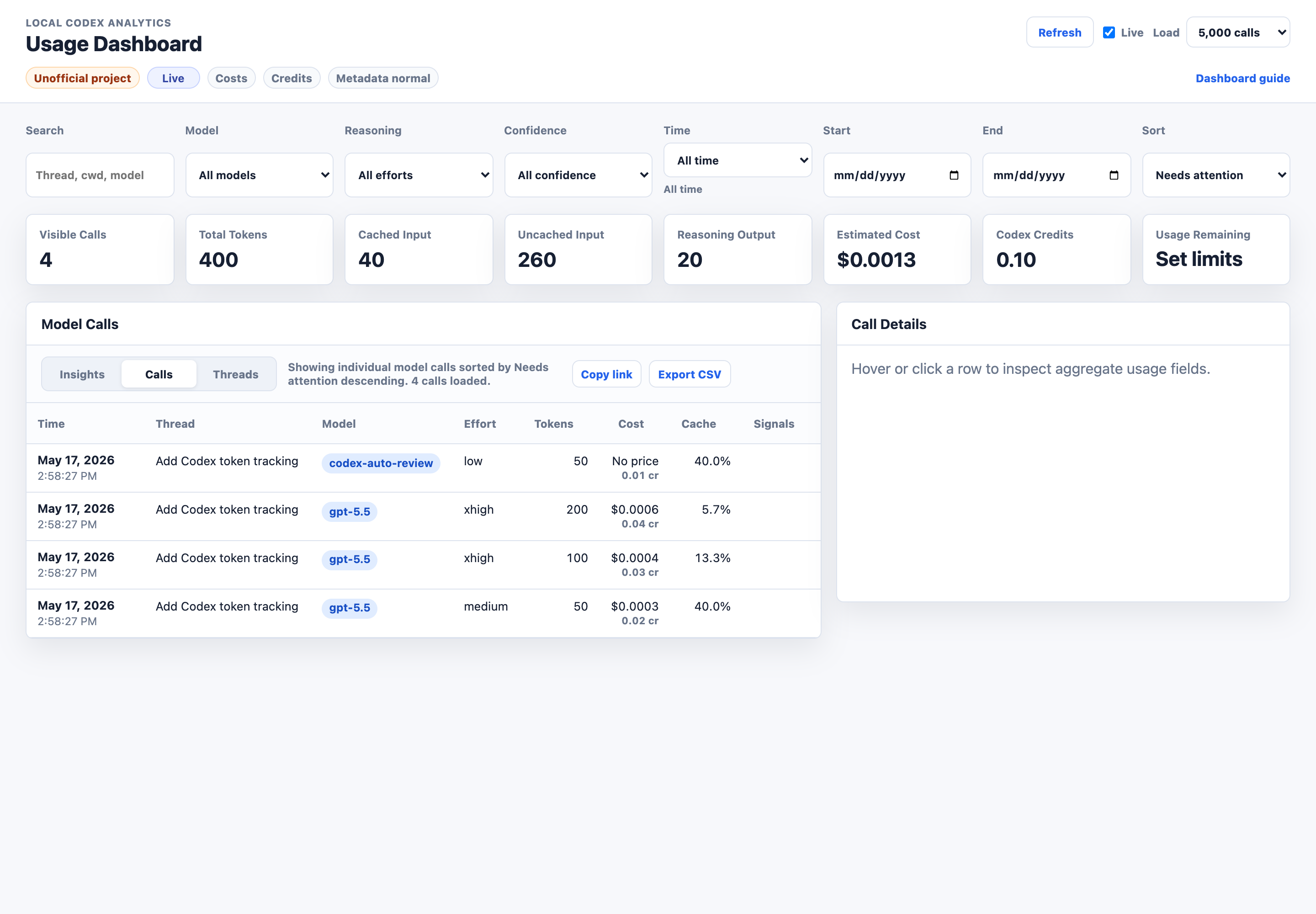 Calls view with filters, totals, model-call rows, and the details panel.
