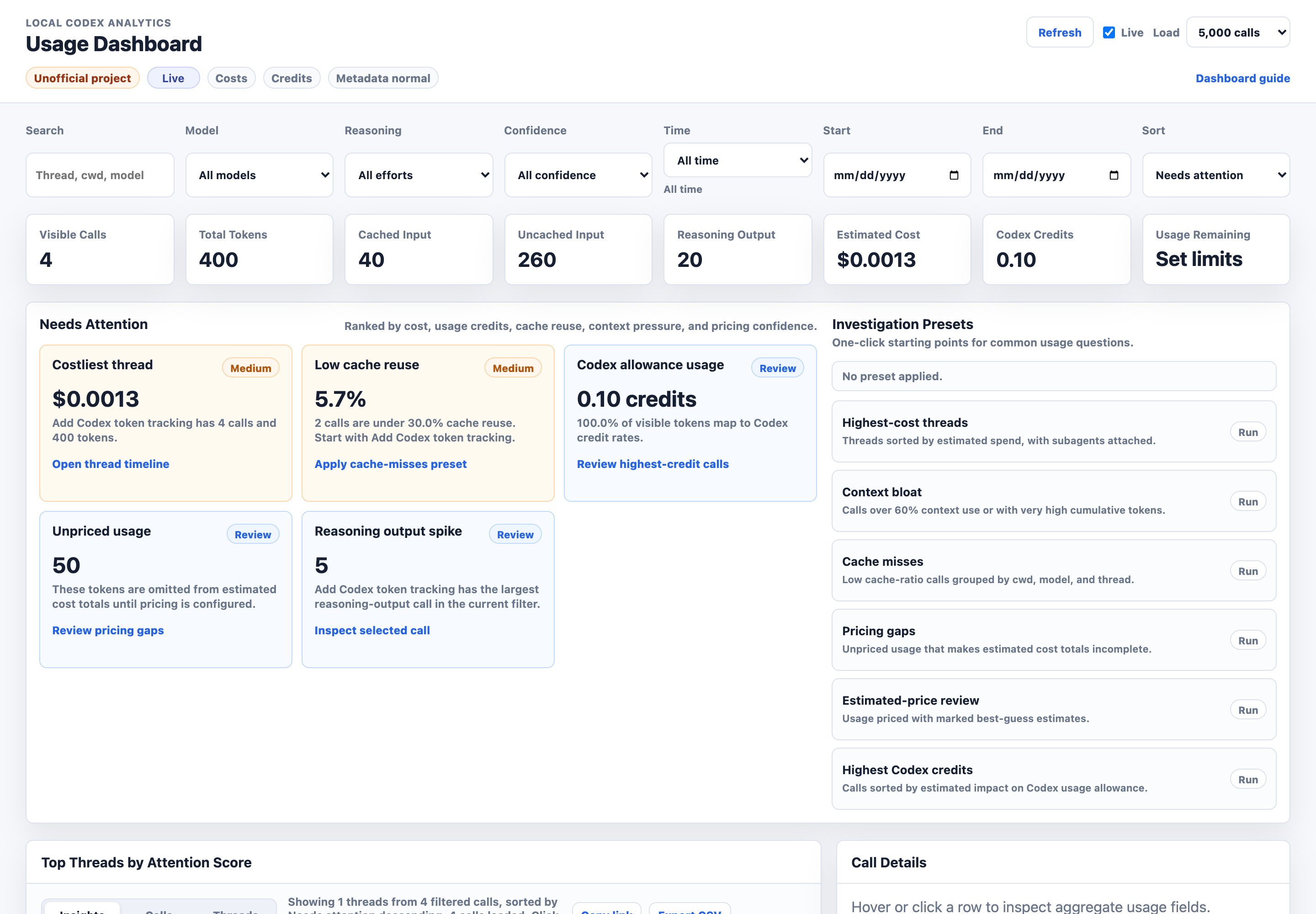 Insights view with ranked Needs Attention cards, investigation presets, and top threads by attention score.