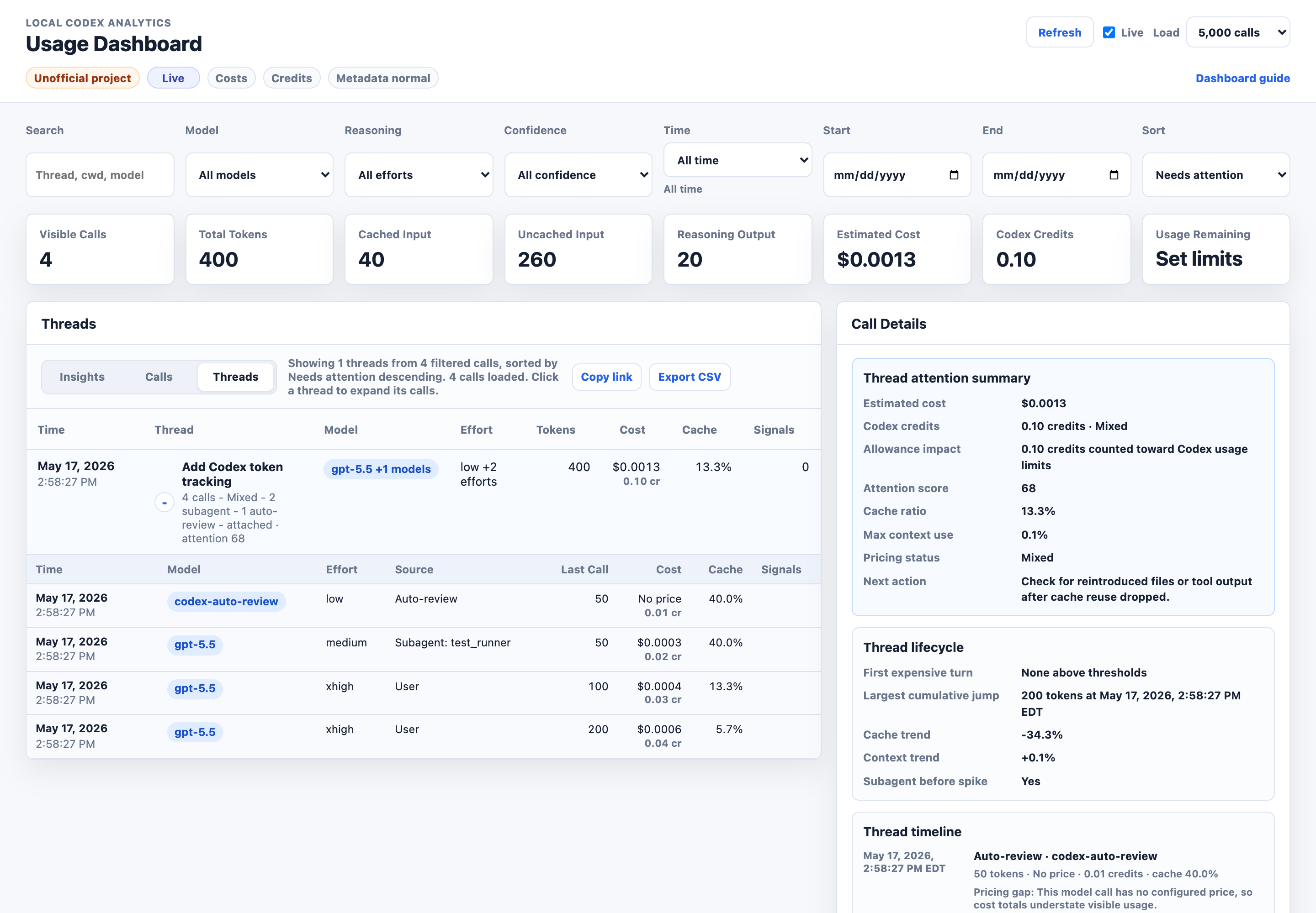 Threads view with grouped Codex threads and expanded chronological calls.
