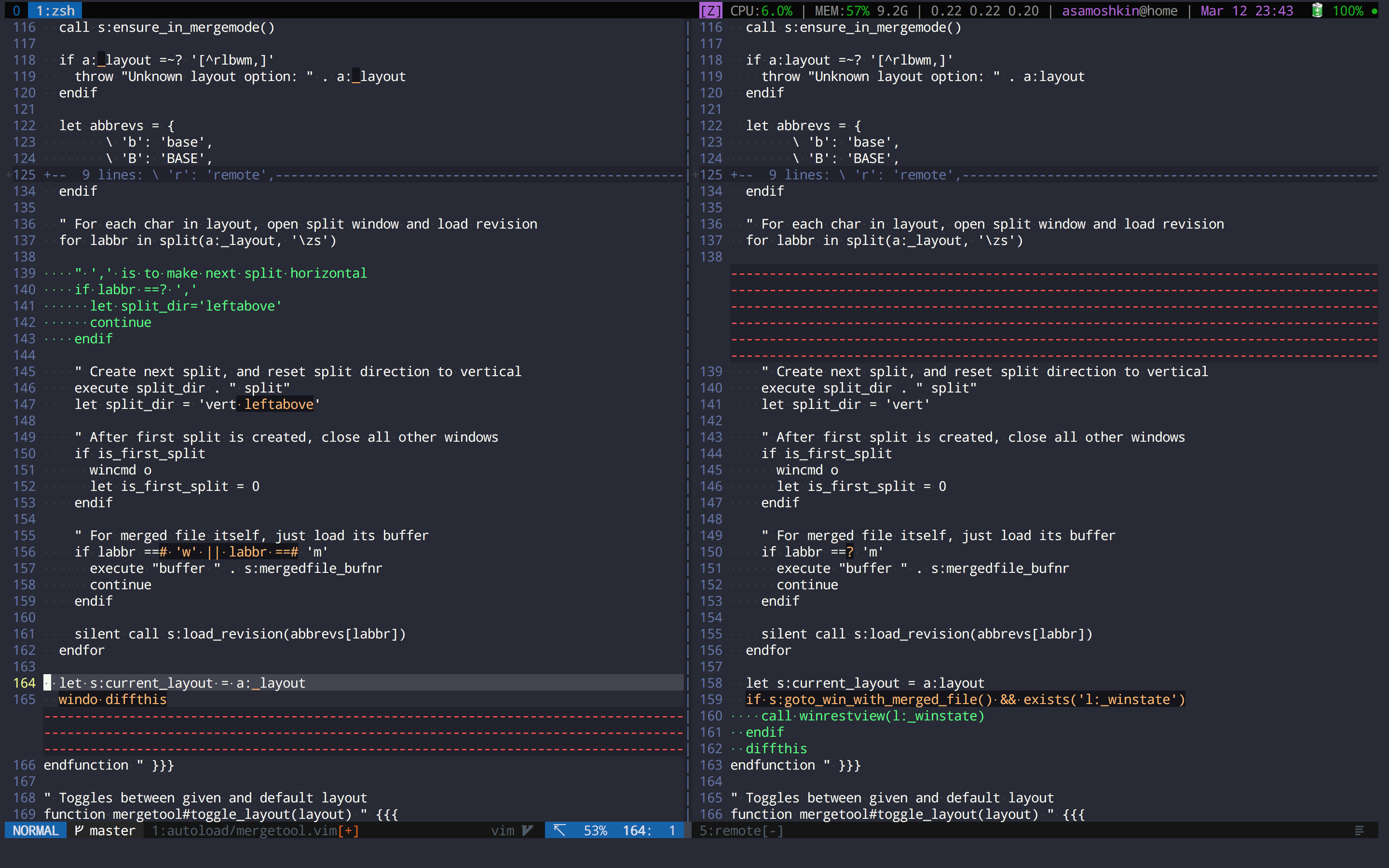 Default 2 way diff layout between merged file and remote revision