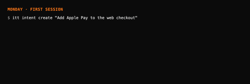 Monday's session records a checkpoint. On Tuesday a new session is told to resume through Intent and picks up the goal, the verified state, the rule and the next step.