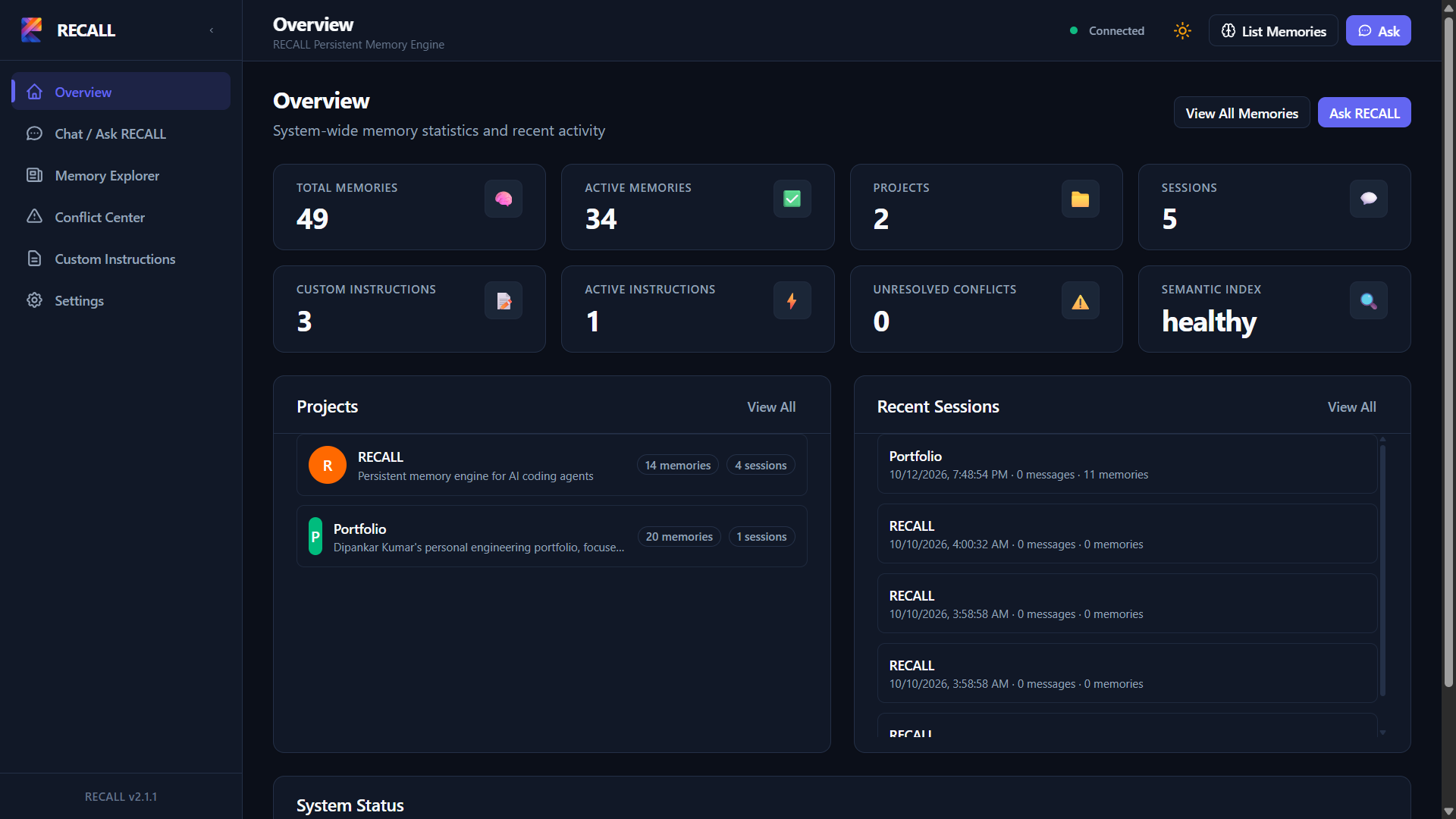 RECALL Web Dashboard Dark Preview