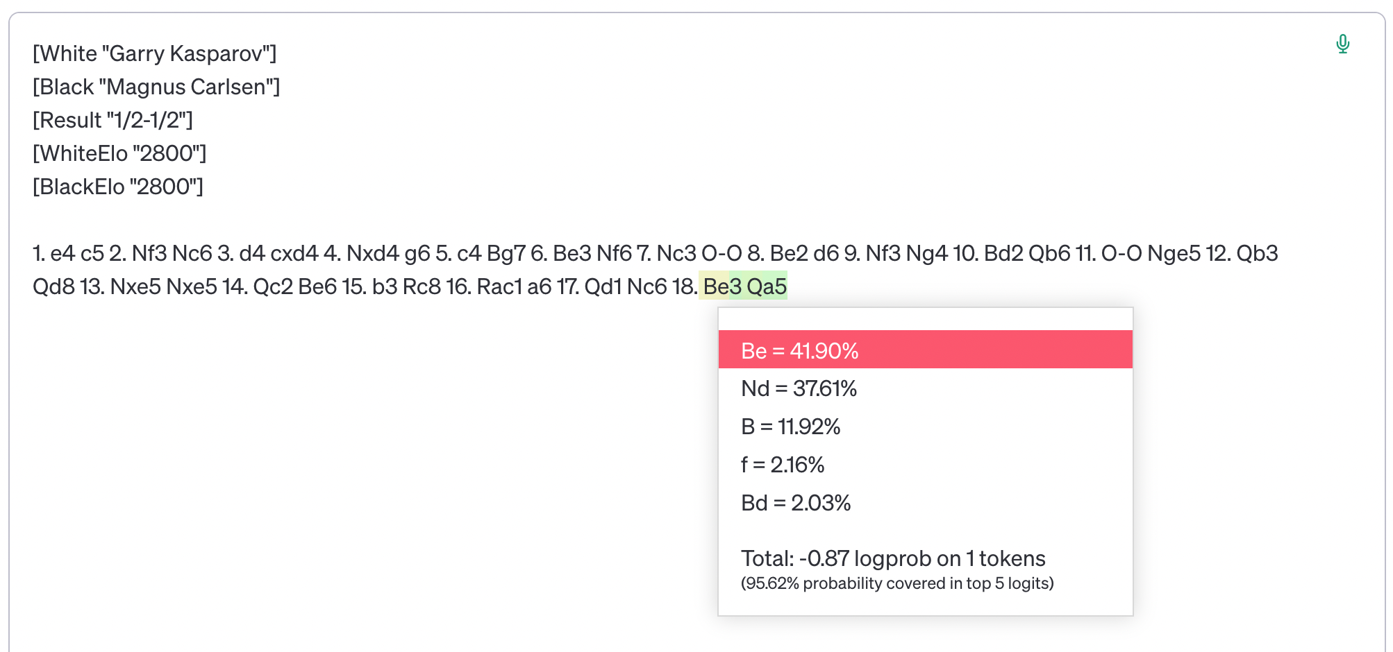 Be3 top move, OpenAI playground