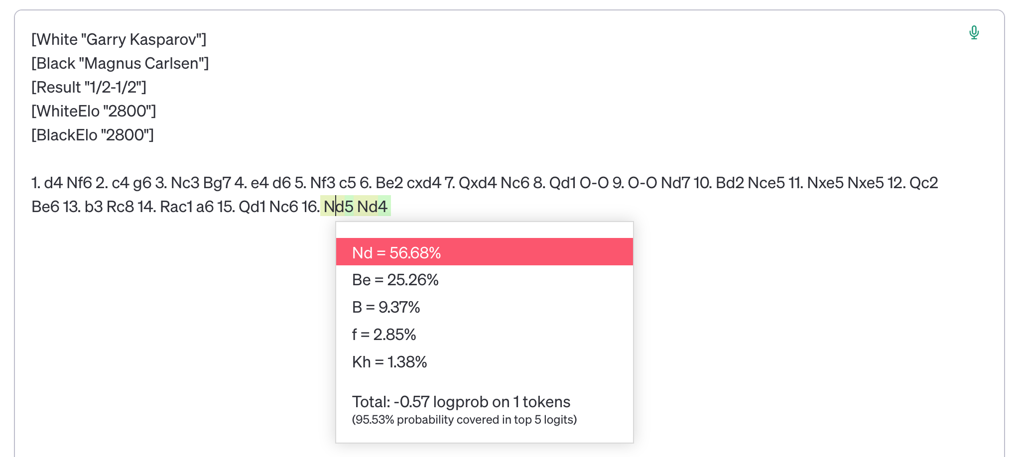 Nd5 top move, OpenAI playground