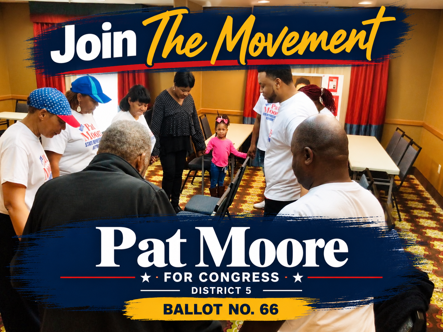Graphic reading "Join The Movement — Pat Moore for Congress, District 5, Ballot No. 66" over a photo of volunteers in Pat Moore campaign shirts, including a young girl, gathered in a meeting room.