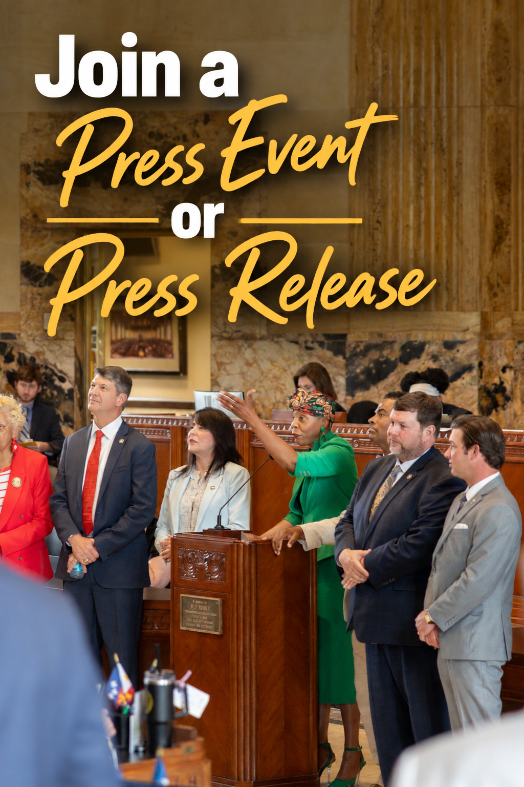 Graphic reading "Join a Press Event or Press Release" over a photo of Pat Moore speaking at a podium in the Louisiana House chamber alongside fellow legislators.