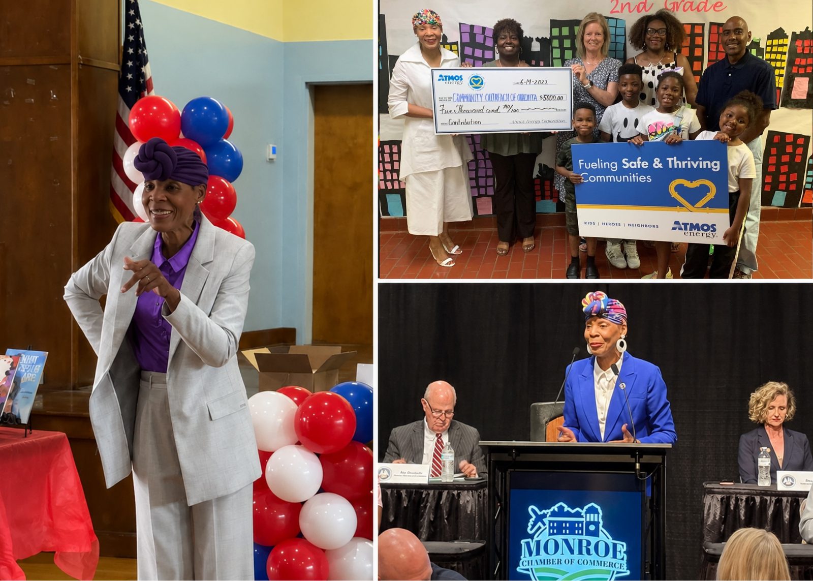 Pat Moore speaking at a community event, presenting a $5,000 community grant check, and addressing the Monroe Chamber of Commerce