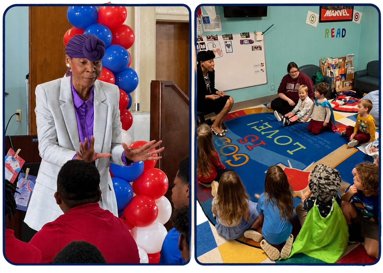 Pat Moore reading and speaking with children at a local school and community reading program