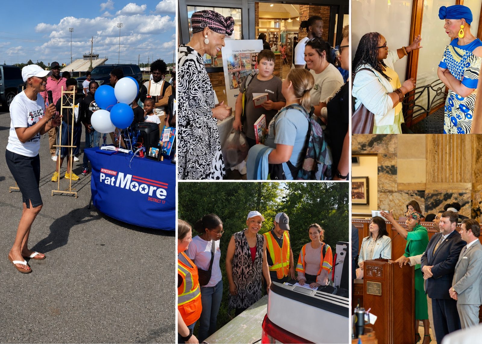 Pat Moore engaging with constituents at community events, a library reading program, a public works site visit, and on the Louisiana House floor