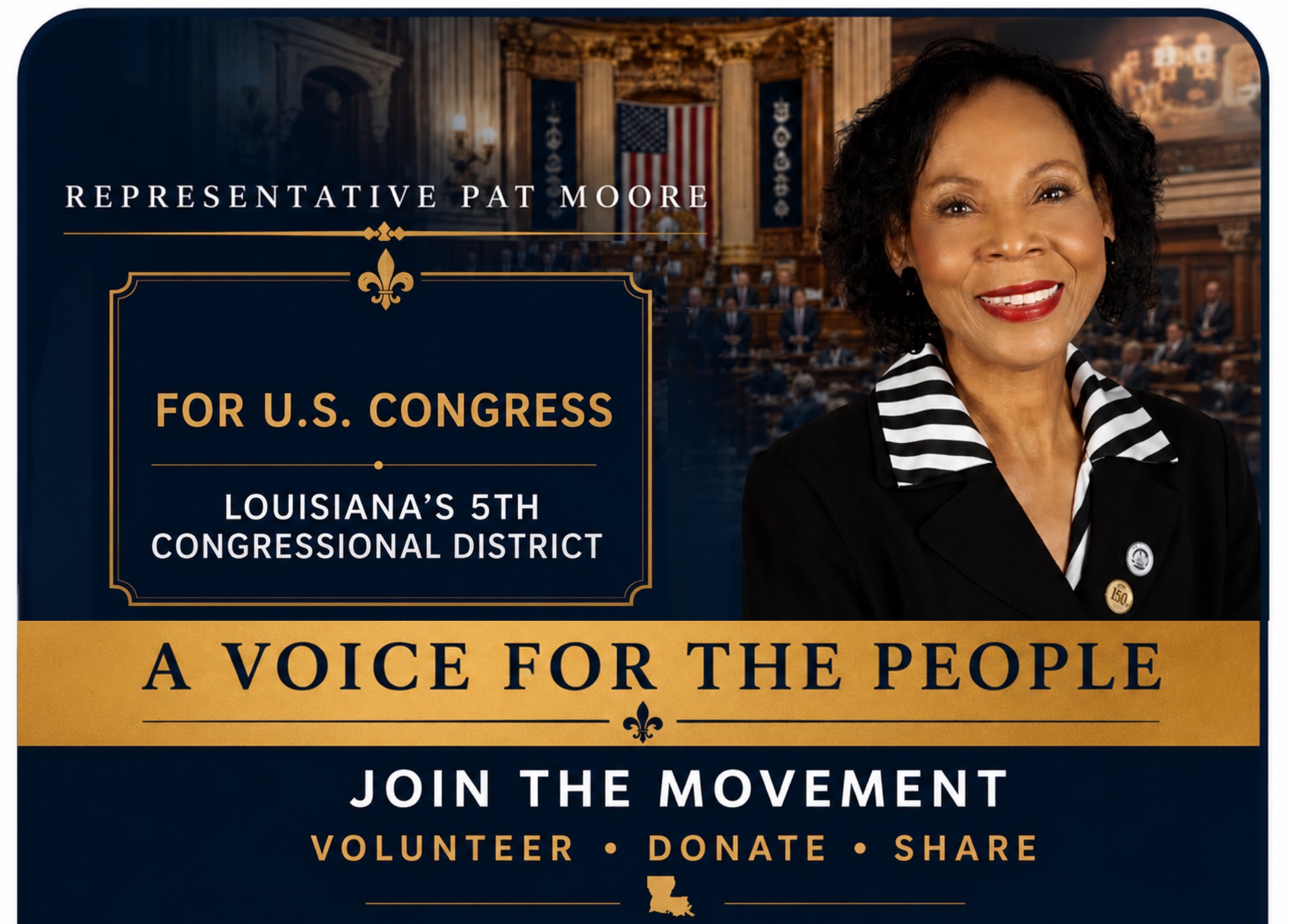 Official Pat Moore for Congress campaign graphic — Louisiana's 5th Congressional District, A Voice for the People, Join the Movement