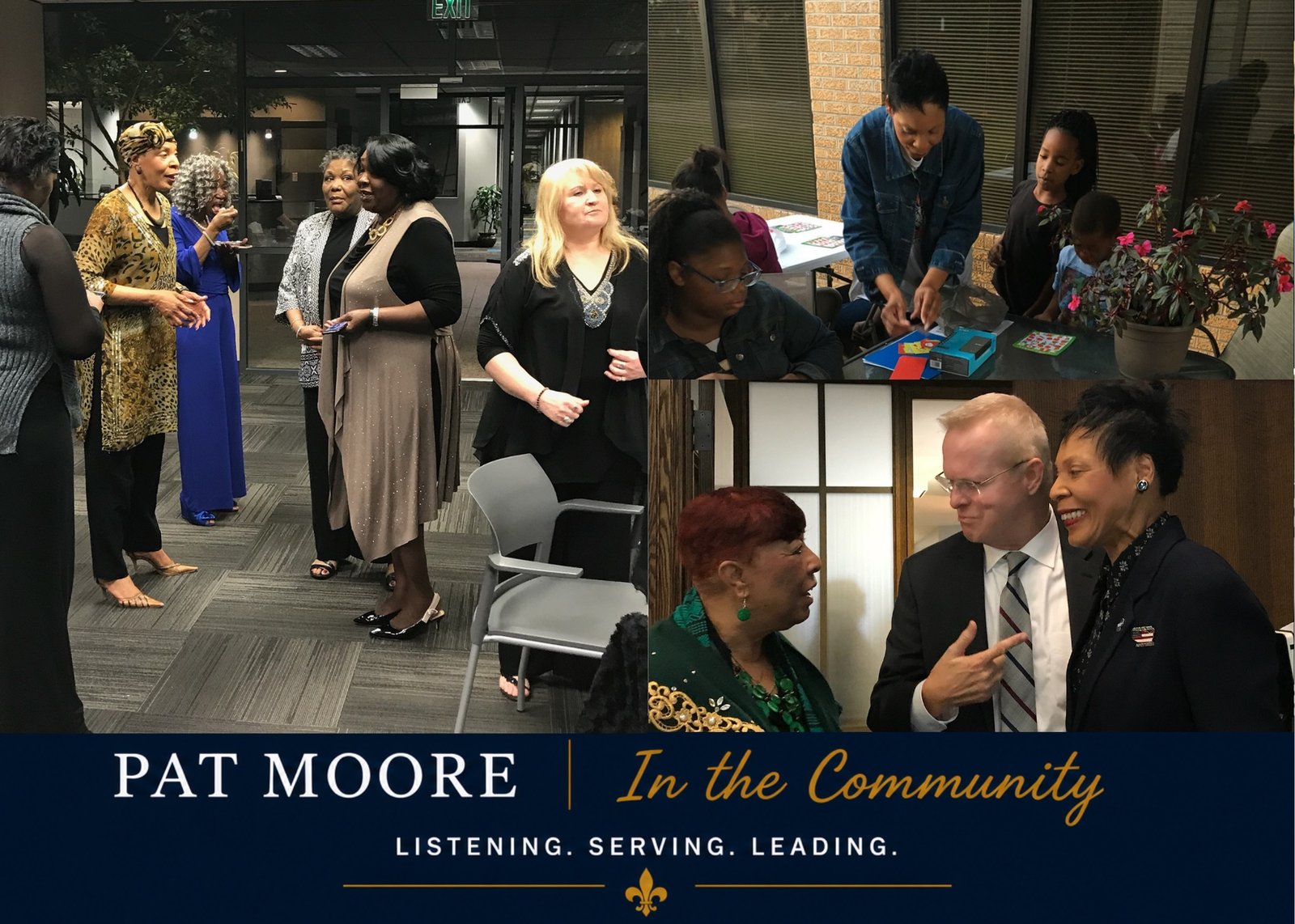 Pat Moore in the community, greeting neighbors, volunteering with families at a local event, and speaking with veterans and community members. Graphic reads: Pat Moore, In the Community, Listening, Serving, Leading.