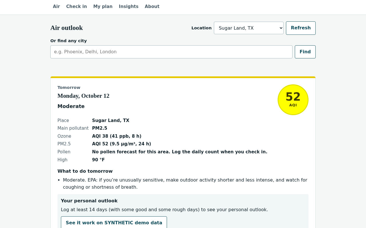 BreatheEasy Air tab: tomorrow's forecast for Sugar Land, TX with a Moderate AQI of 52, main pollutant PM2.5 and EPA's advice