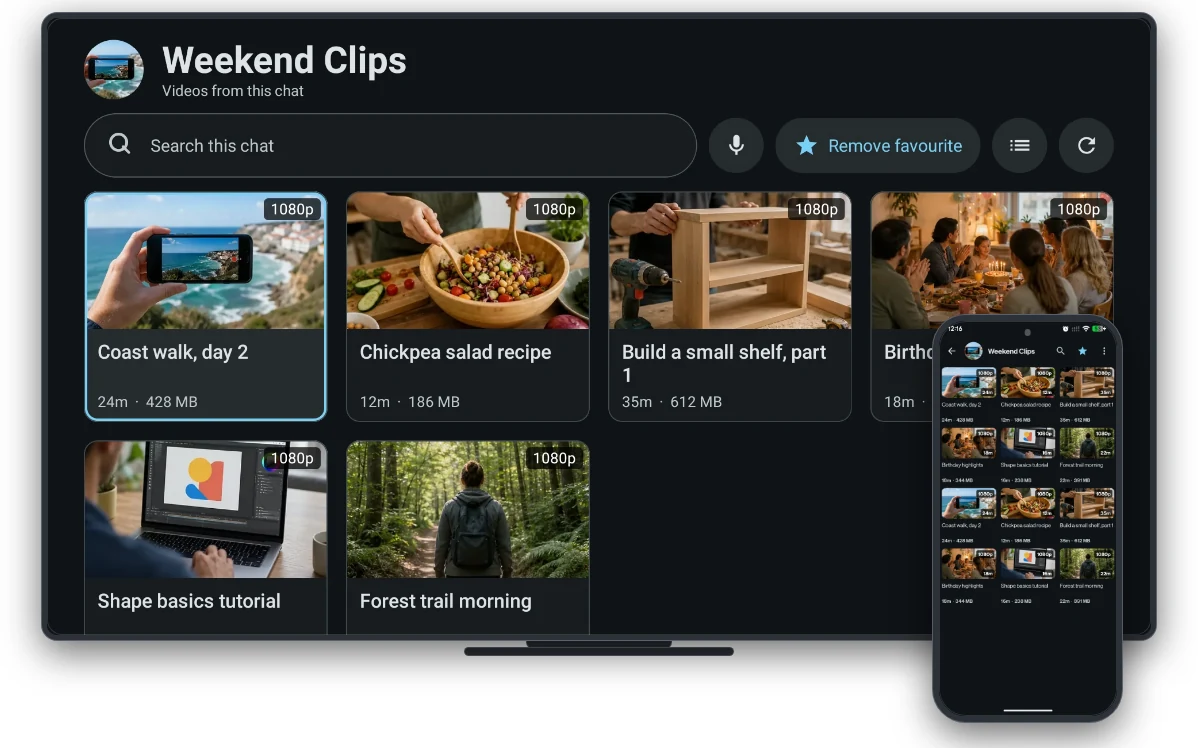 A chat's videos in TMPlayer on a television and on a phone at the same time, each tile carrying its quality, running time and size