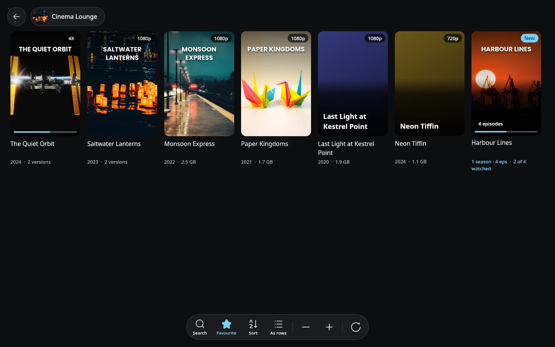 A chat's videos in the TMPlayer desktop app, a grid of posters with years and sizes under the chat's name, and the chat's bar of actions at the foot