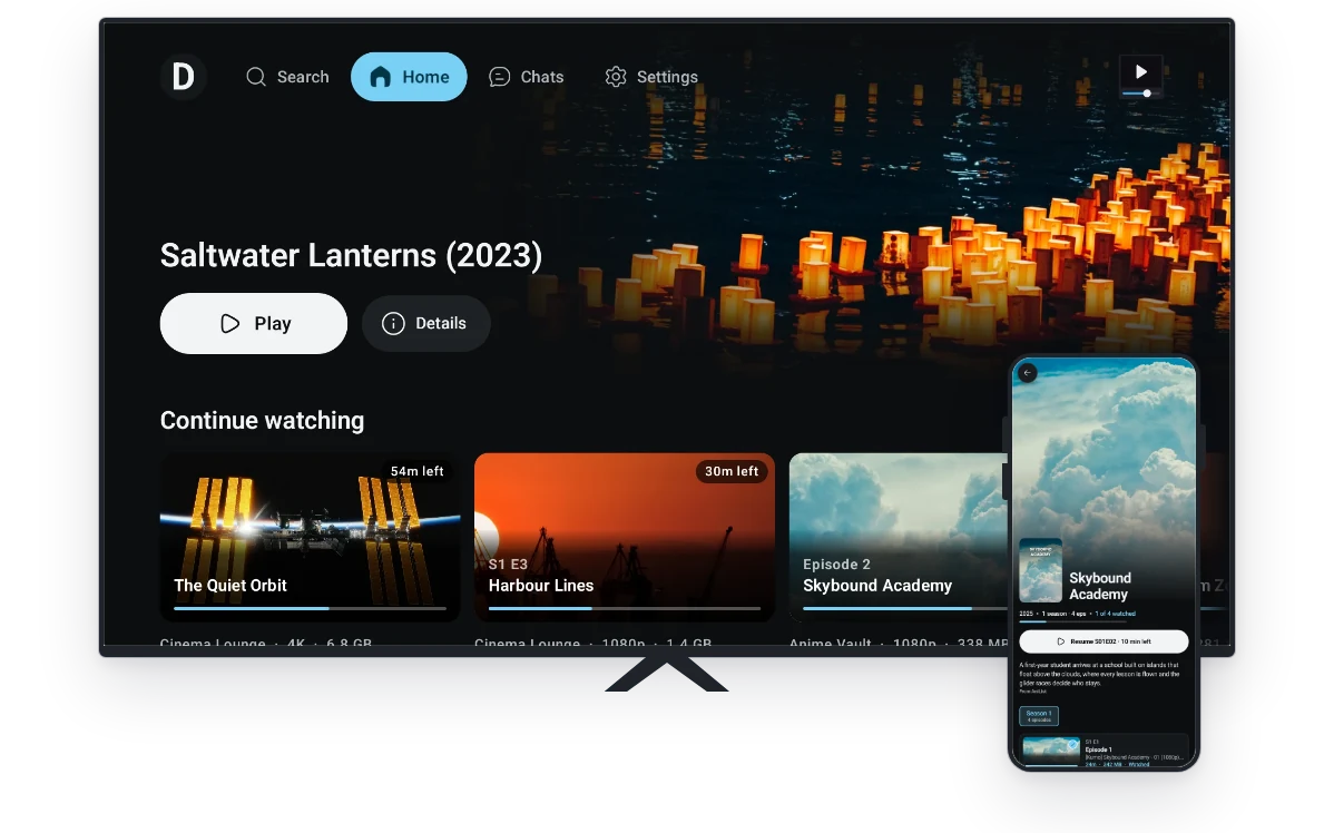 TMPlayer on a television and a phone: Home on the TV with the newest video from starred chats across the top and Continue watching below it, and a show's page on the phone with its artwork, overview and resume button