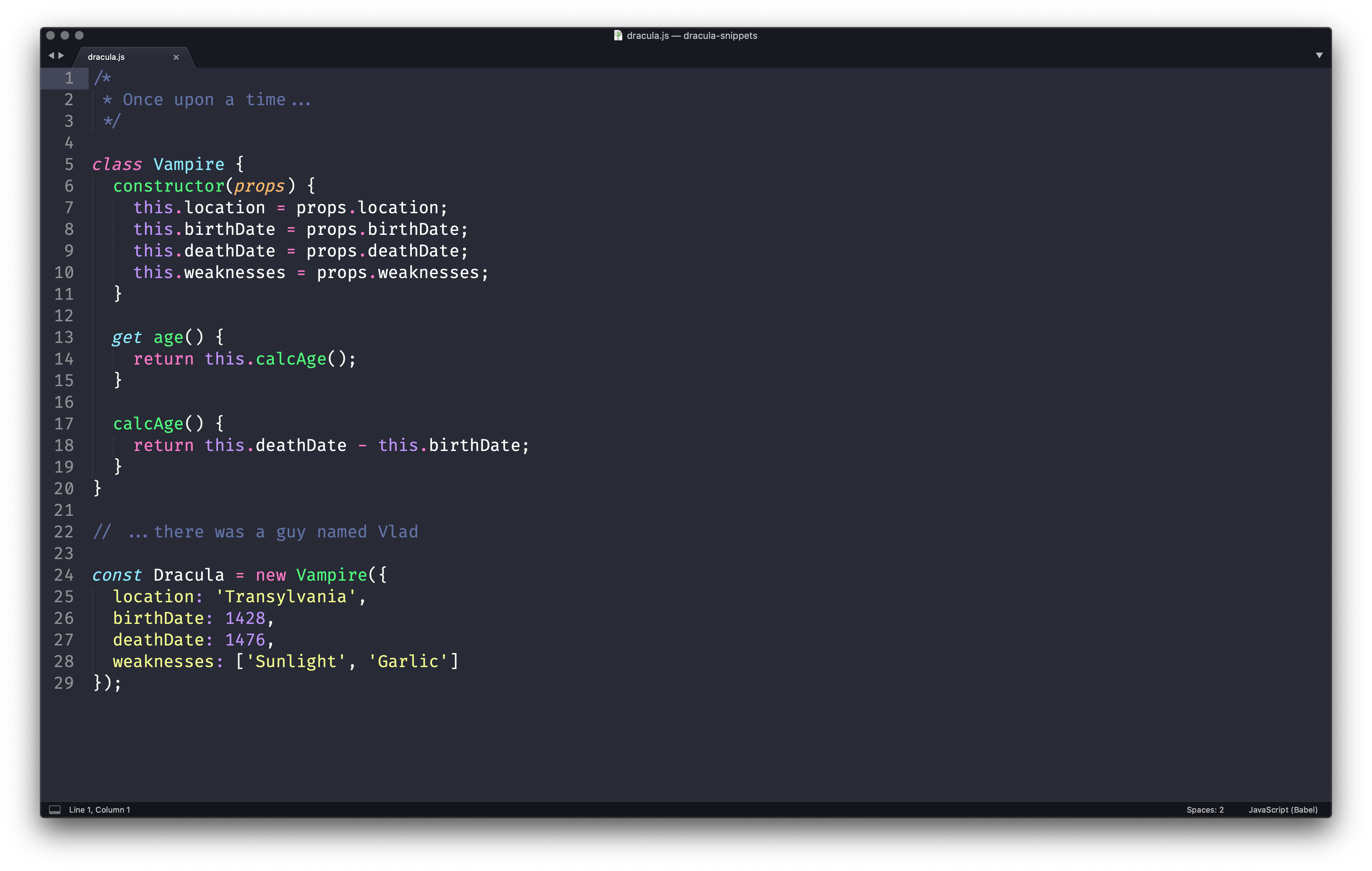 Dracula theme JavaScript demo for Sublime Text