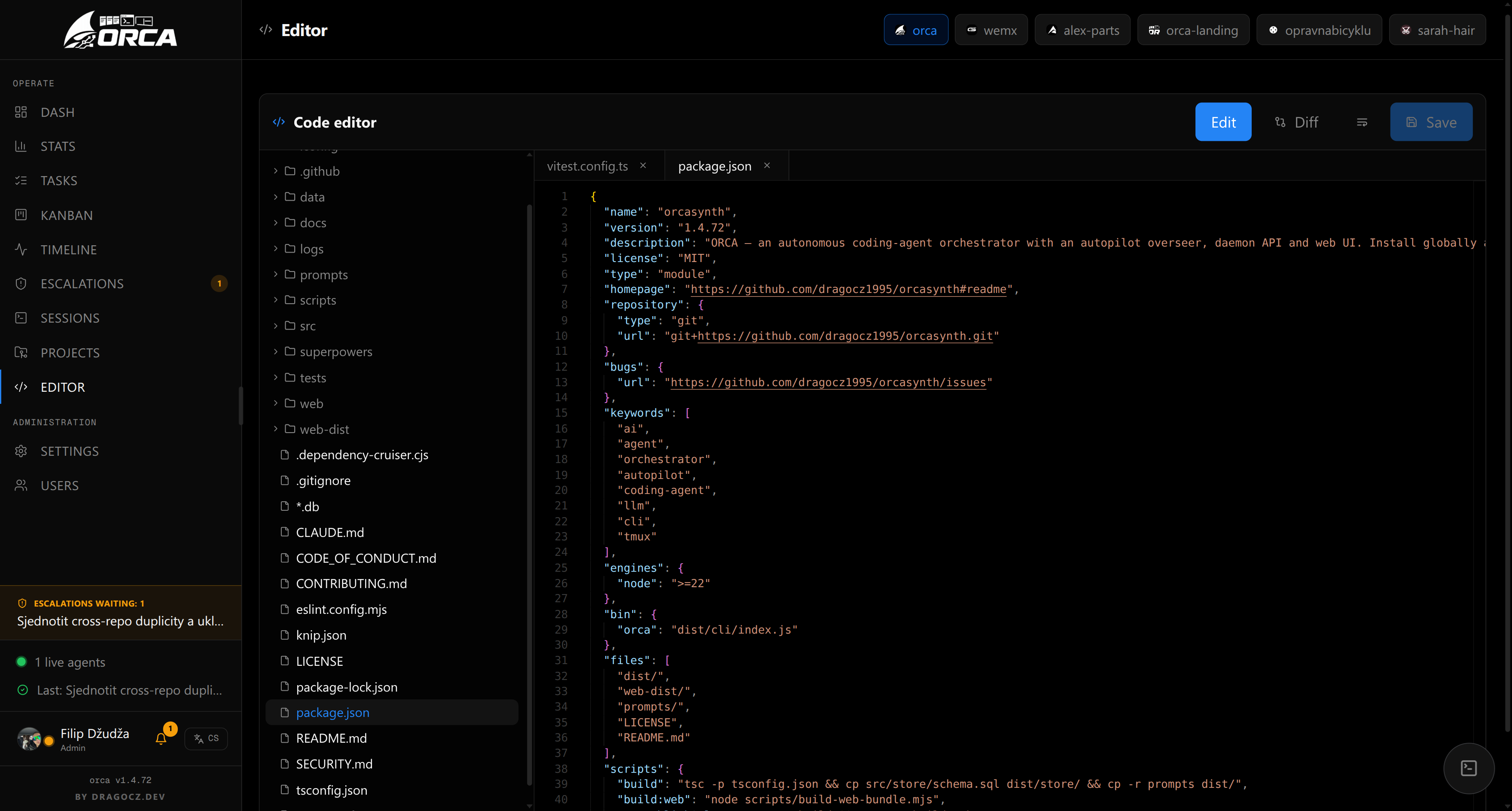 Projects editor