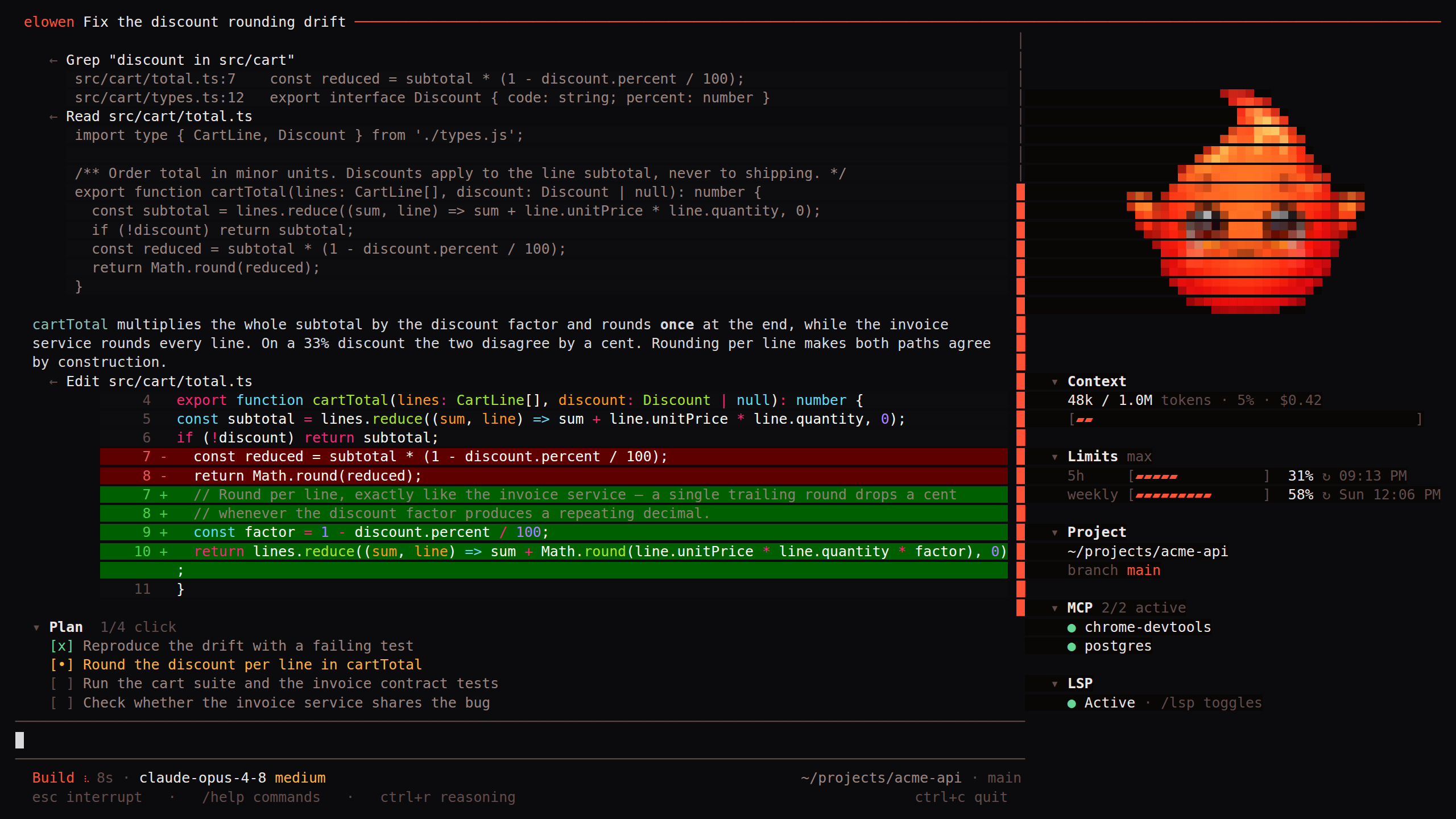 The Elowen CLI — a reply with tool calls, a git-style diff and the telemetry panel