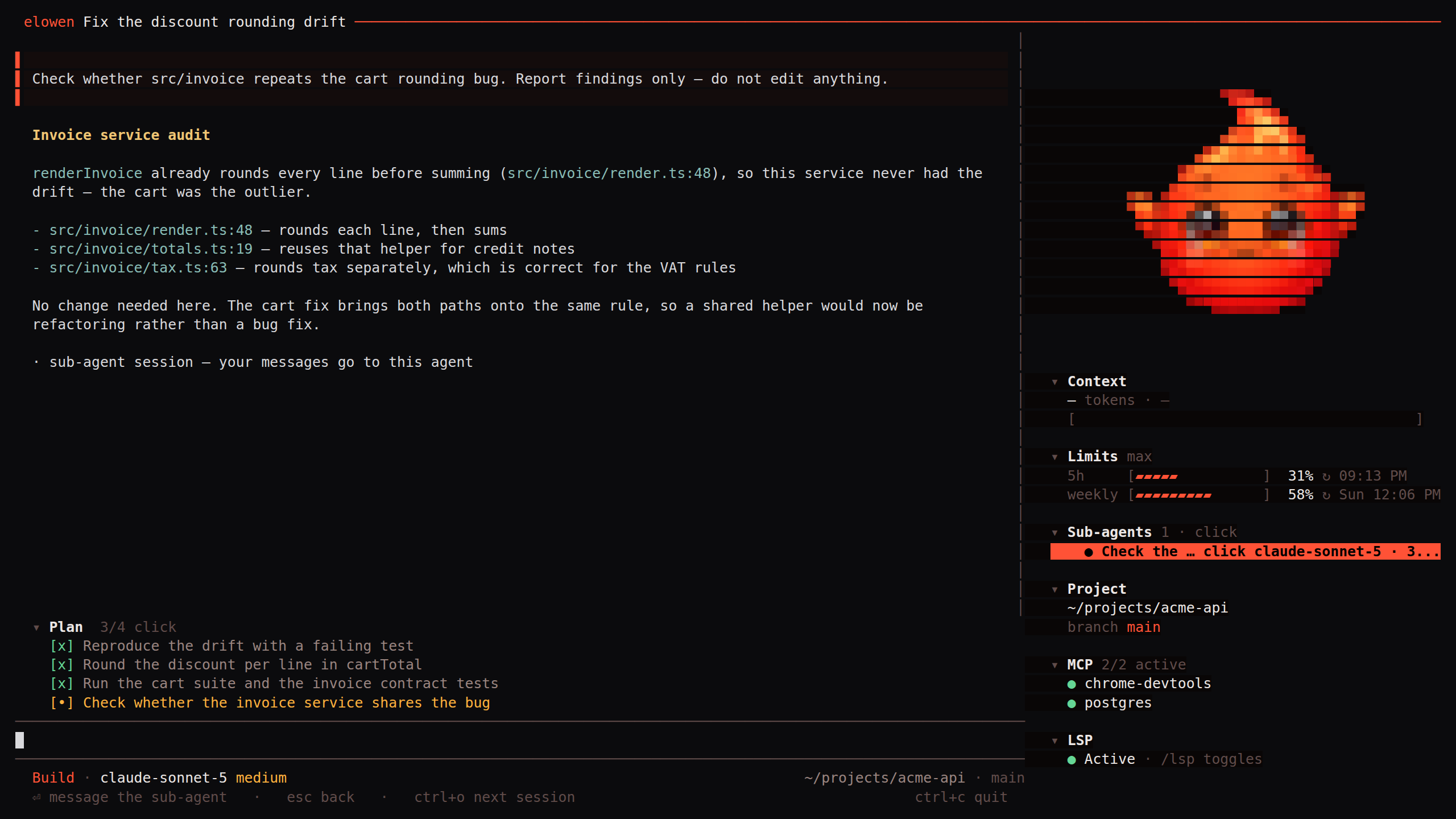 Drilled into a sub-agent's own transcript — its task, tool calls and answer