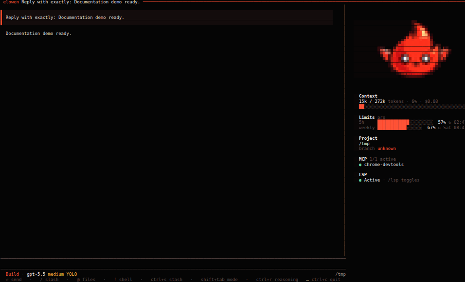 Elowen terminal chat with a live context and subscription-limit rail