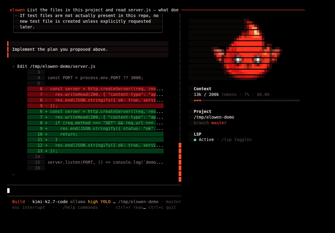 The Elowen CLI chat — a reply with tool calls, a diff and the telemetry panel