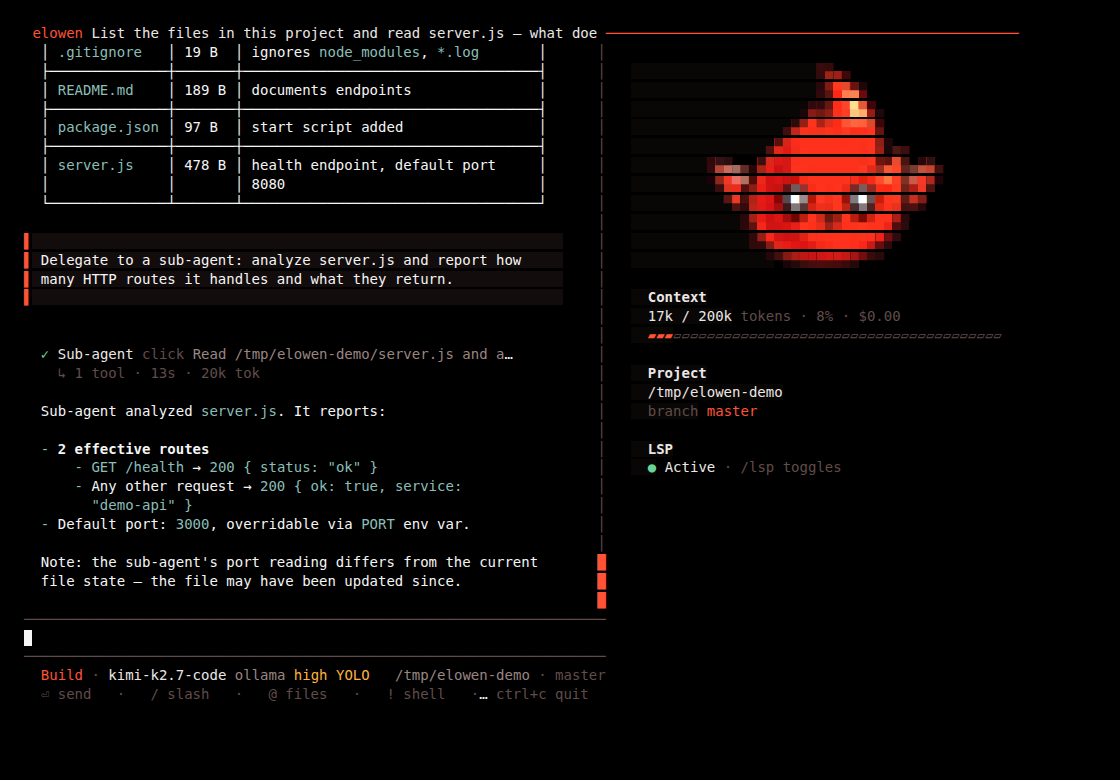A finished sub-agent line: task, model, tool count, duration and token cost