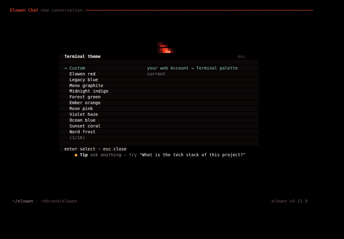 The /theme picker — 15 presets plus the option to use your web Account palette