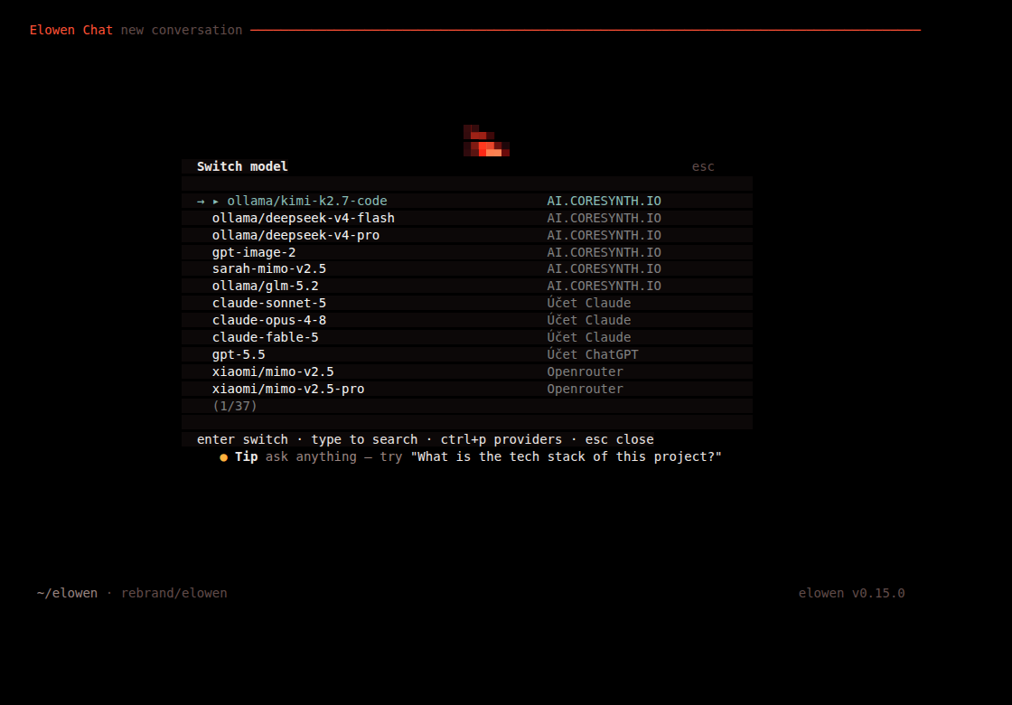 The /model picker — configured providers and connected accounts, searchable