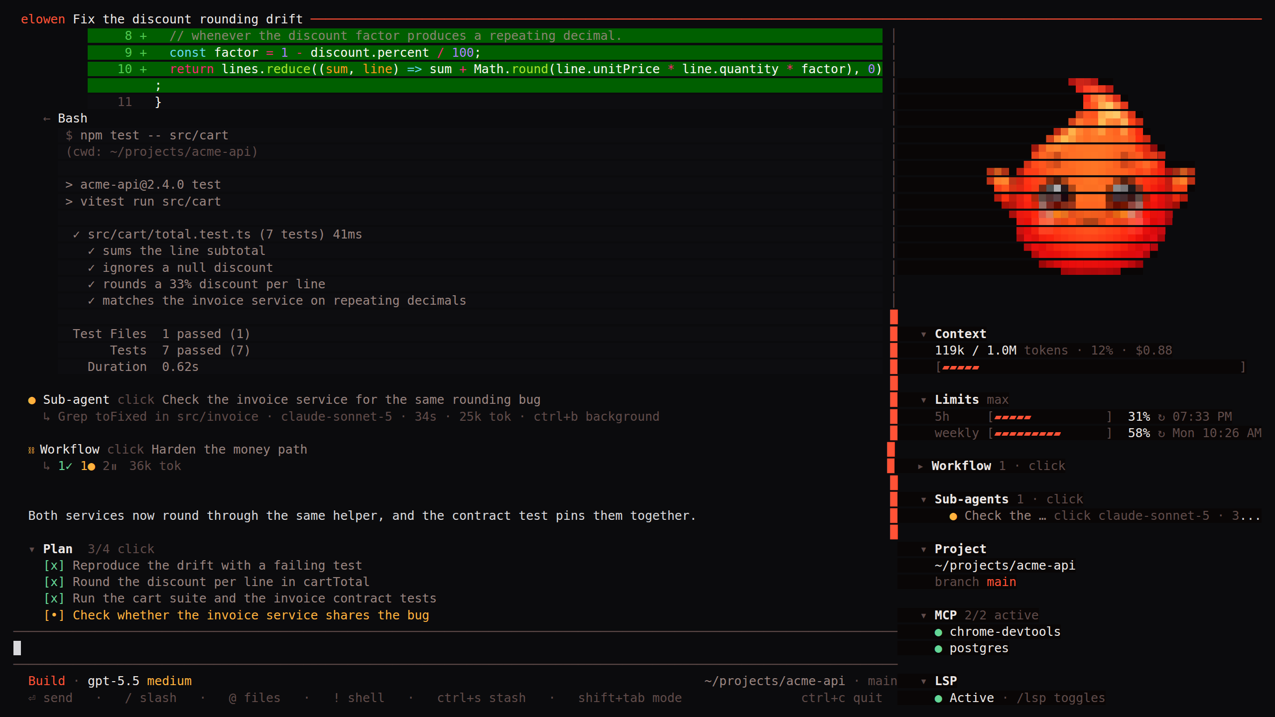 Elowen terminal chat using GPT-5.5 with a live context and subscription-limit rail
