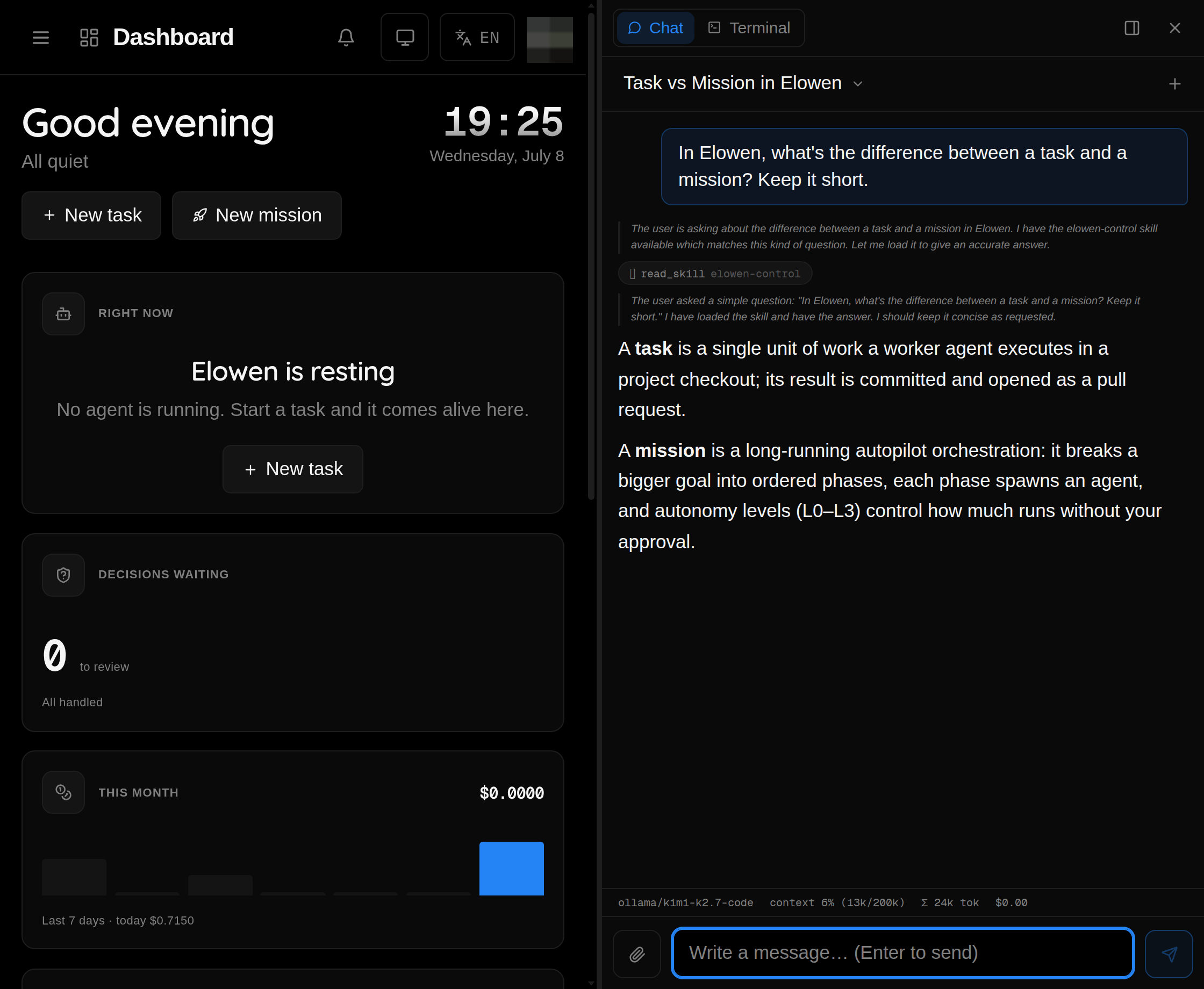 The Elowen brain chat, showing a conversation with tool-call traces