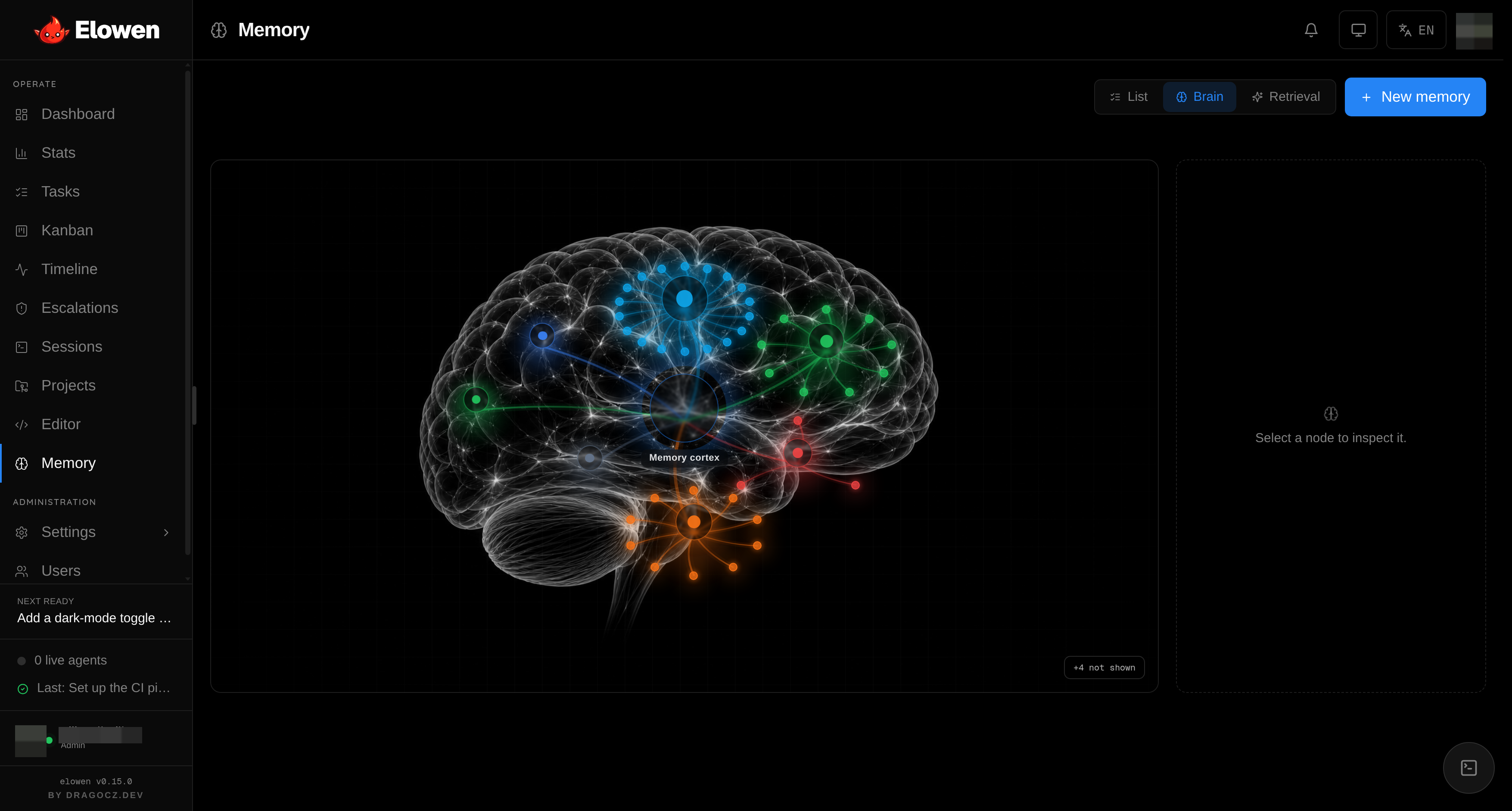 The Memory module — a glass-brain map of stored memories