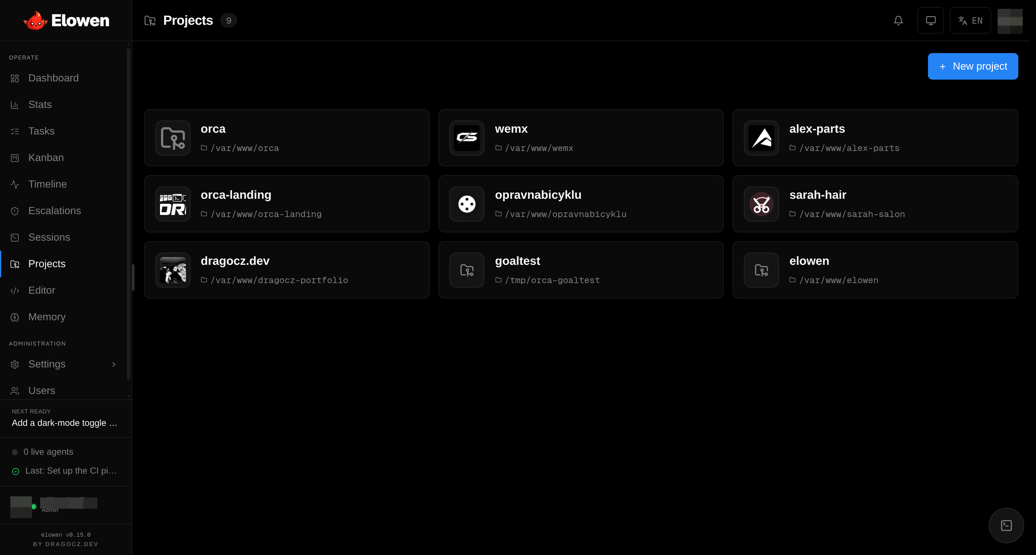 The Projects list
