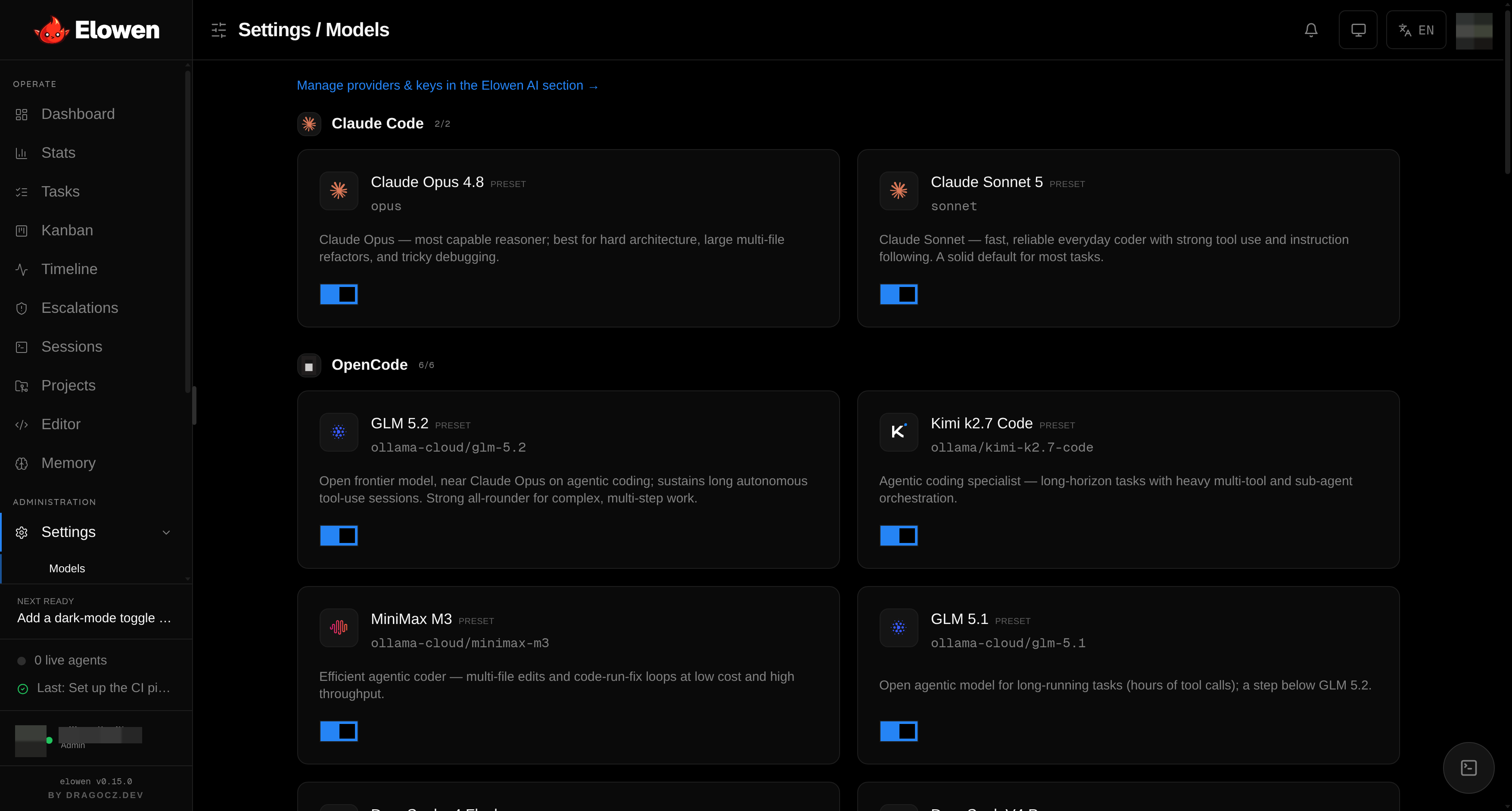 Settings page with the category sidebar