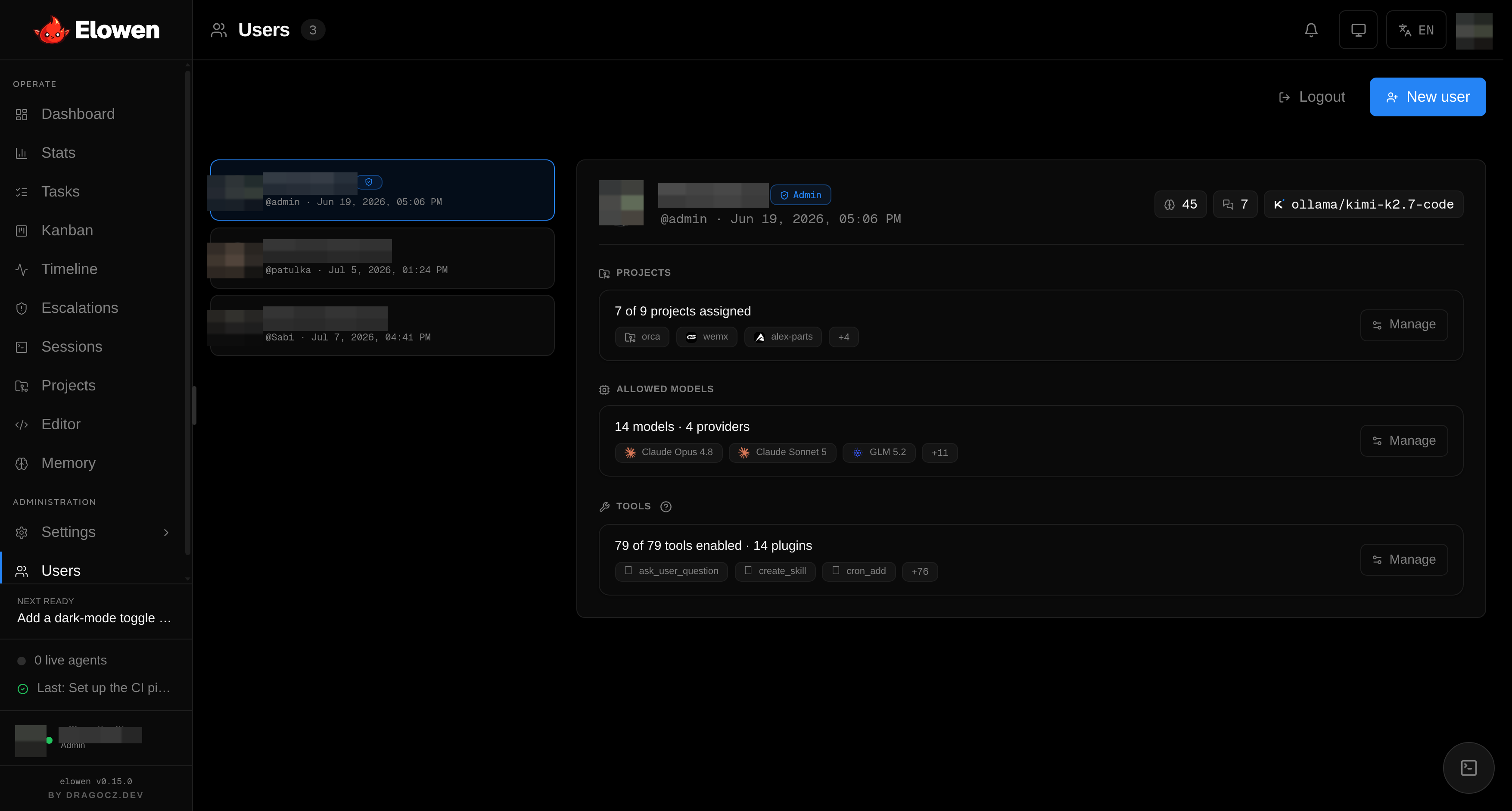The Users module: roles, per-user tools, and project scoping