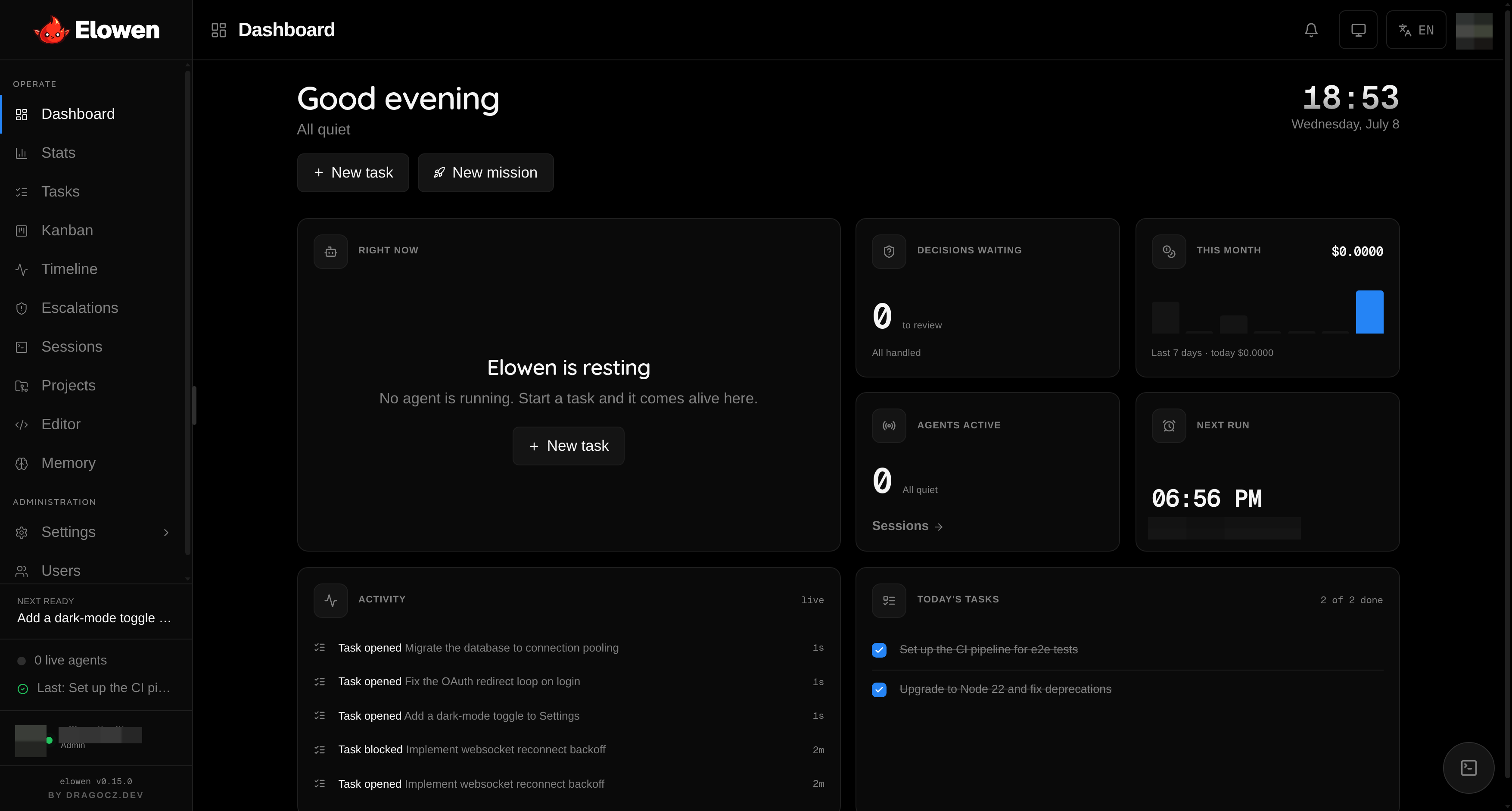 The Elowen dashboard: a single-agent bento — right now, decisions, spend, activity, today