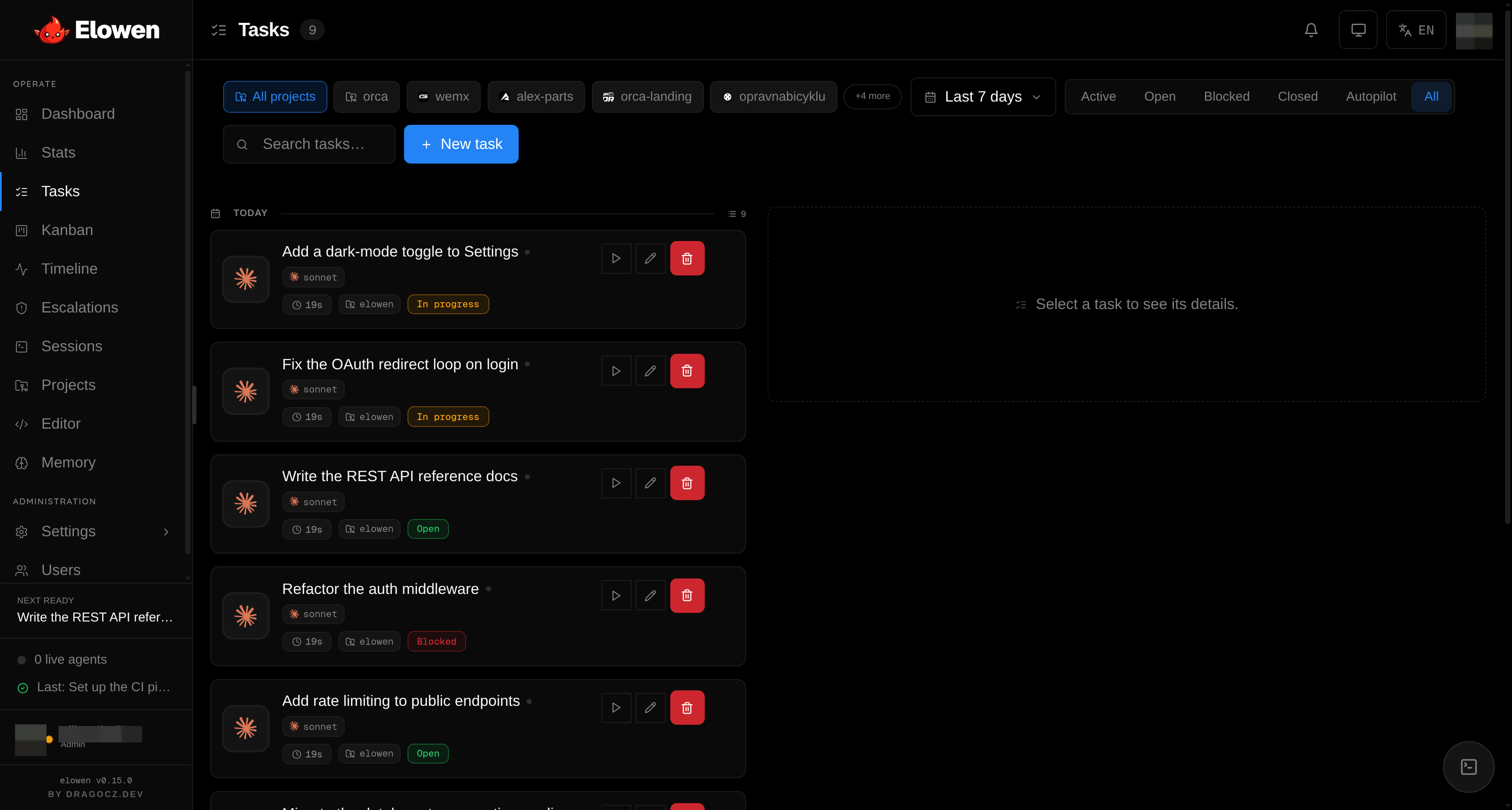 The Tasks view with day-grouped list and task detail drawer
