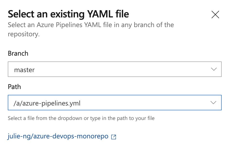 Select a different YAML file path in the Azure DevOps UI