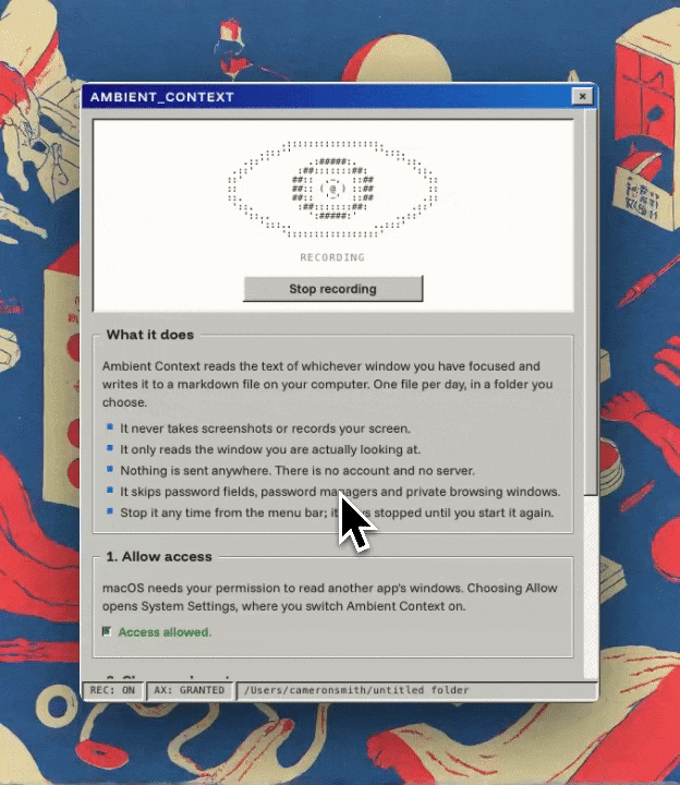 Ambient Context settings window, with the ASCII eye open while recording
