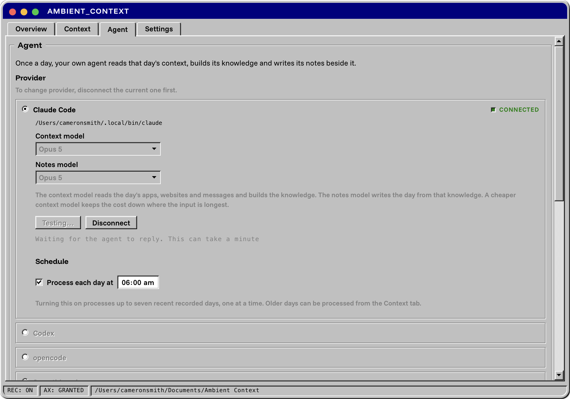 Agent tab: Claude Code connected, with separate Context and Notes model pickers and a daily schedule