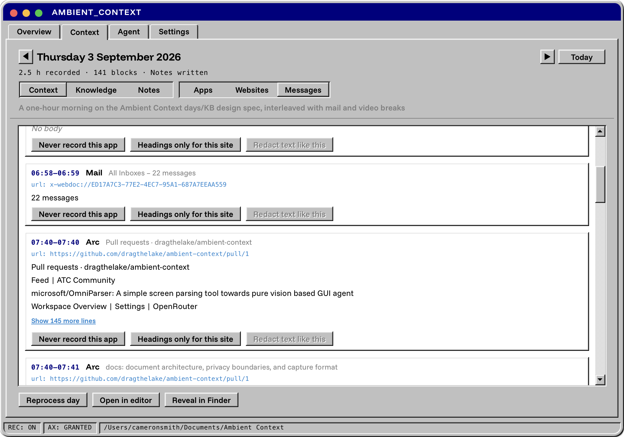 Context tab, Messages: captured blocks with their time, app, URL and body, each with Never record this app, Headings only for this site and Redact text like this buttons