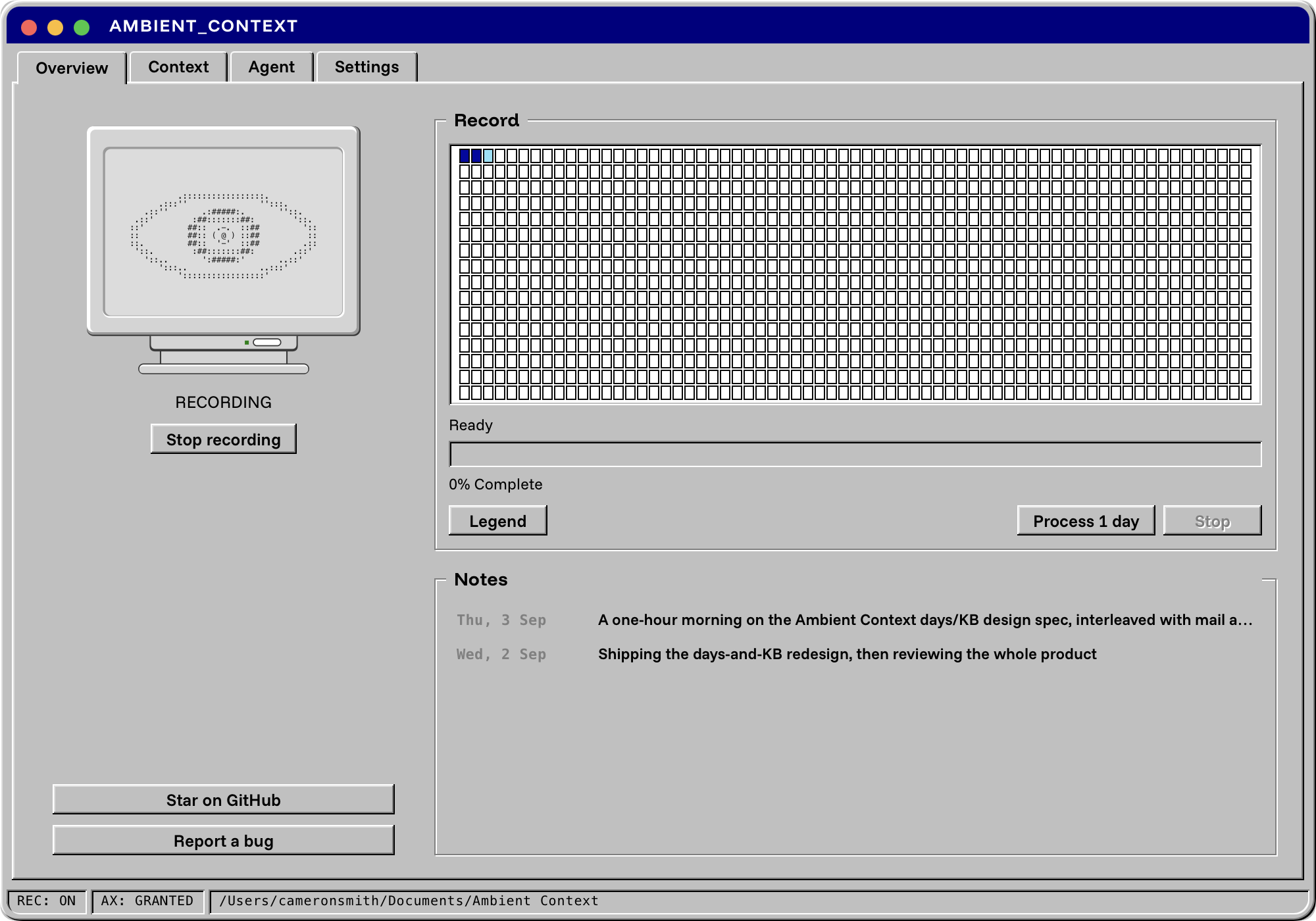 Overview: the eye on a CRT, a Record map of days marked Recorded or Processed, and a Notes list linking into processed days