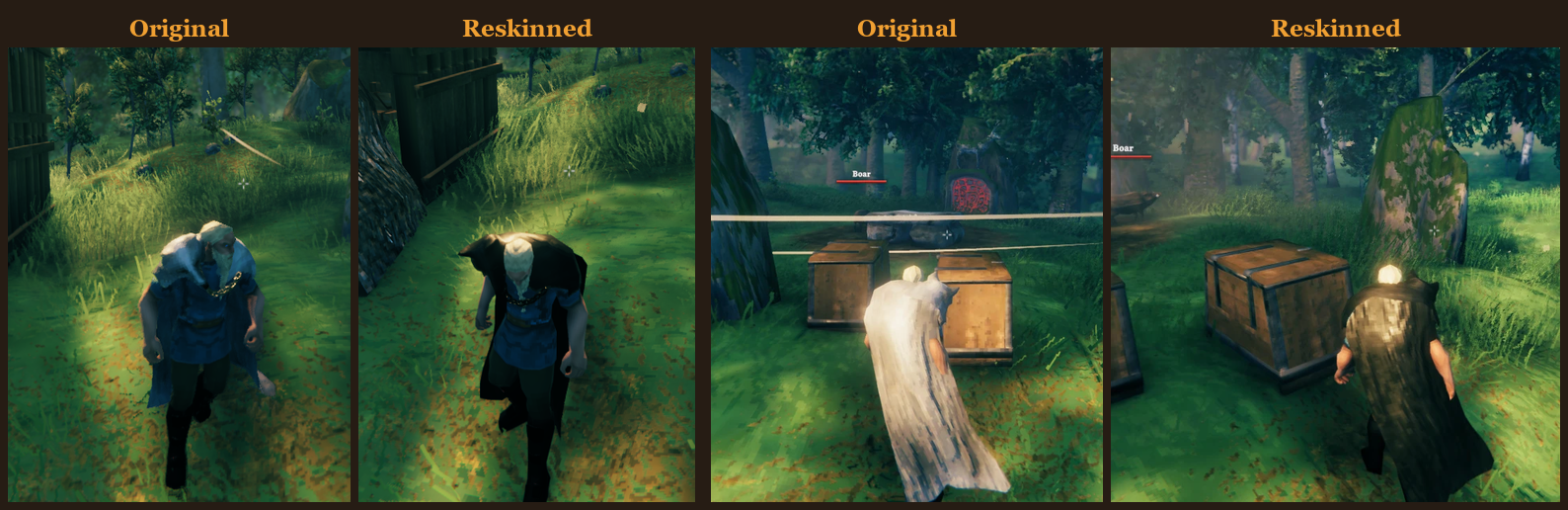 Wolf fur cape: original vs. reskinned black, front and back
