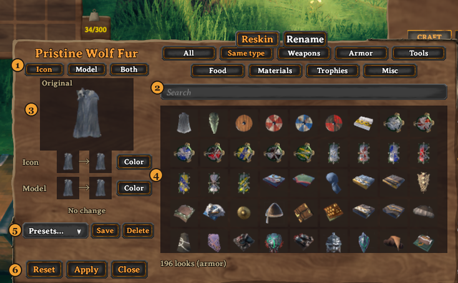 The Reskin menu with numbered parts