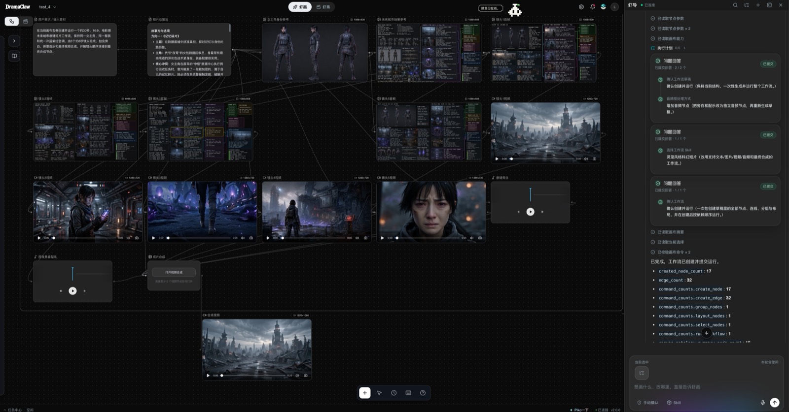 XiaHua canvas: a 17-node short-film workflow that Xia Director laid out and ran from one prompt