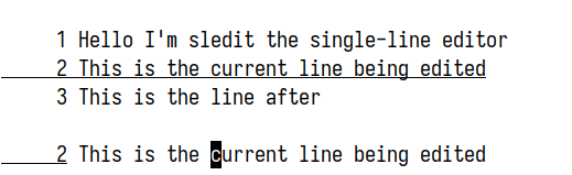 Screenshot of sledit editing a simple three-line file