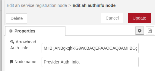 Arrowhead Authentication Info. configuration node.
