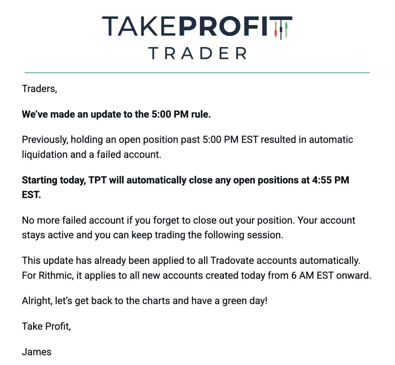 TakeProfitTrader 5pm close-rule update notice