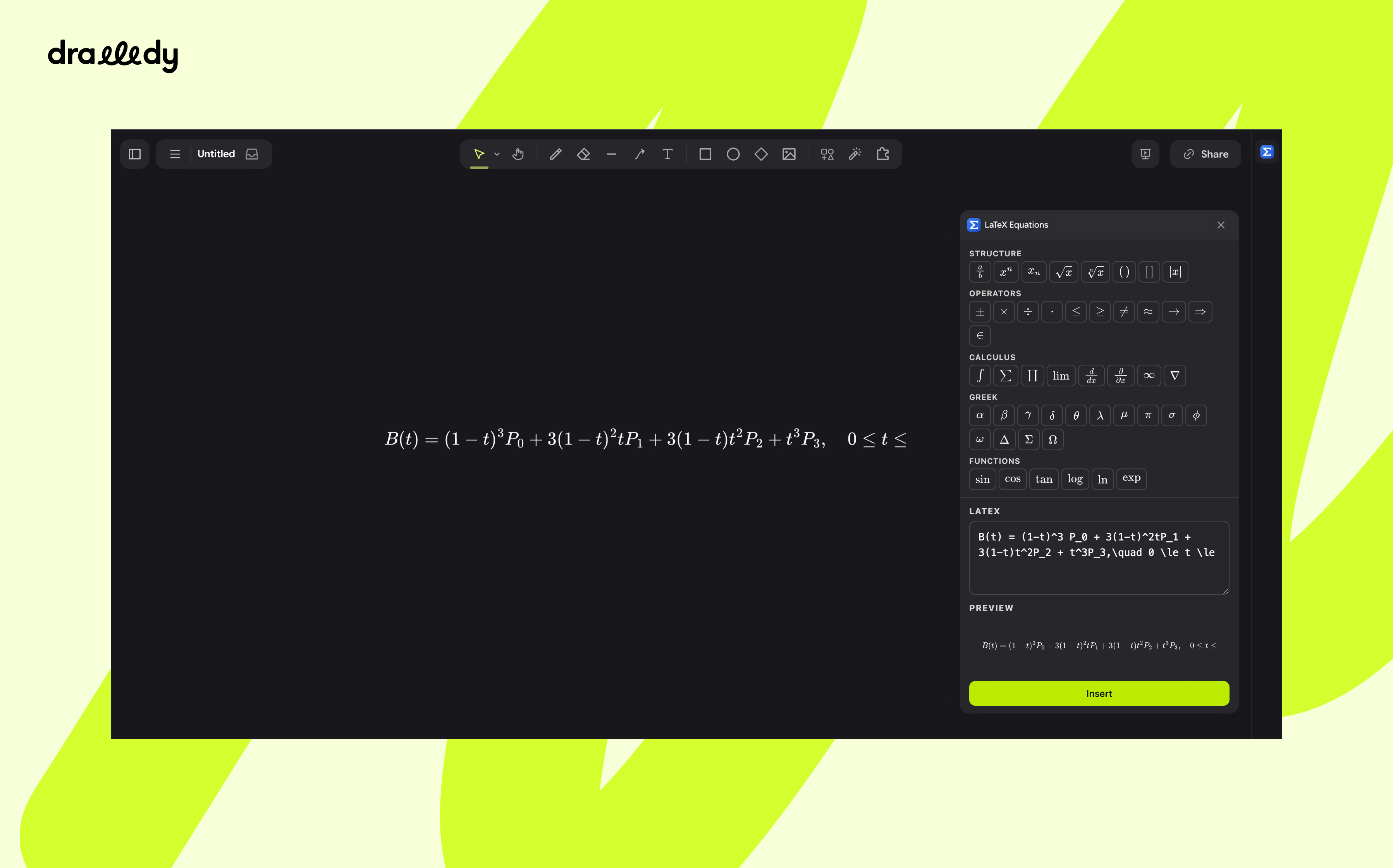 A Drawdy board with the LaTeX Equations panel open on the right. The panel shows rows of symbol keys, a LaTeX box containing a Bézier curve formula, a live preview, and an Insert button. The typeset equation sits in the middle of the board.