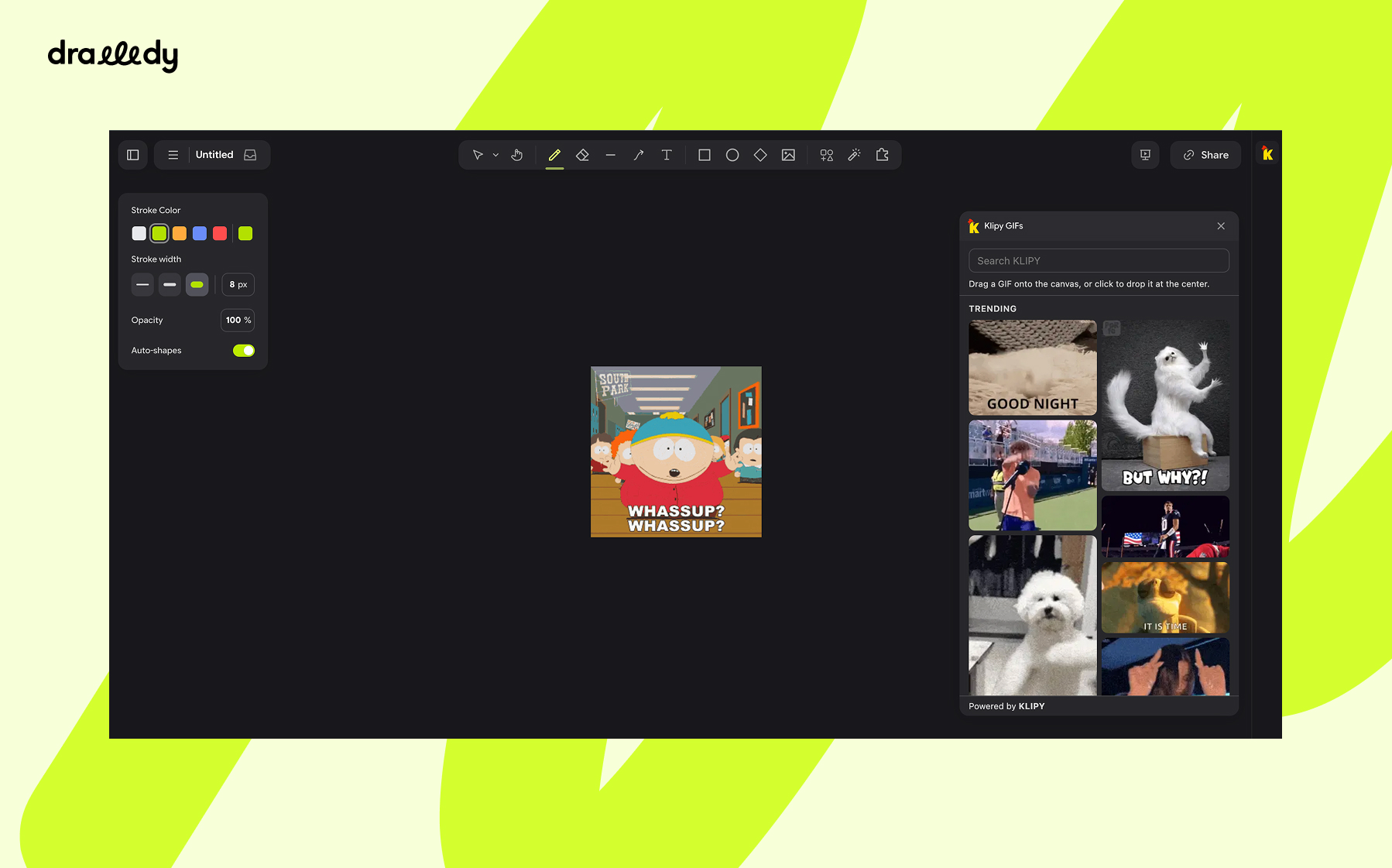 The Klipy palette open on a Drawdy board, showing trending GIFs alongside one dropped on the canvas.